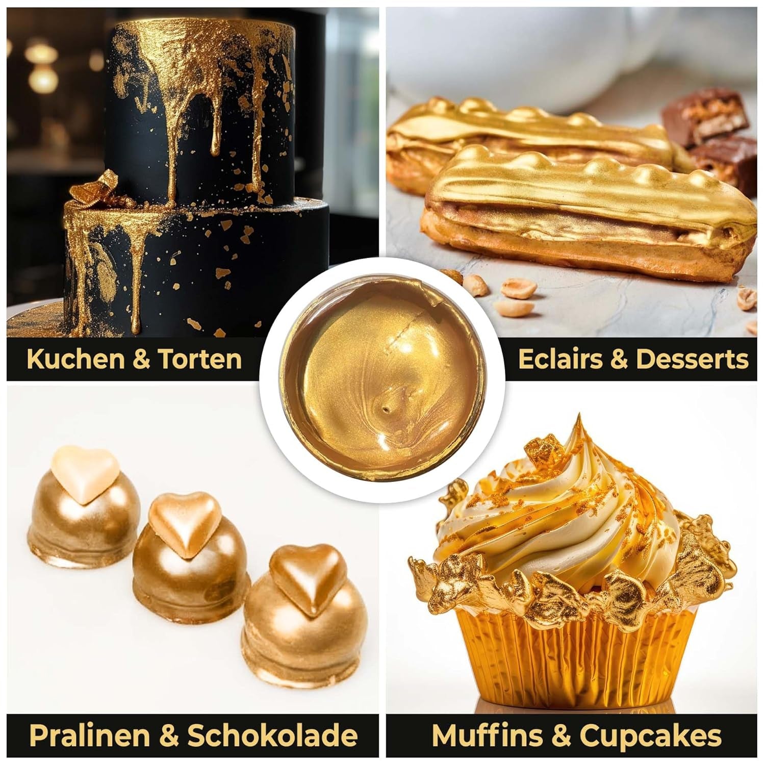 He-Ju Metallic Gold vloeibare kleurstof voor levensmiddelen 25 ml, eetbare glitter voor drankjes en eten (metallic goud, 25 ml)