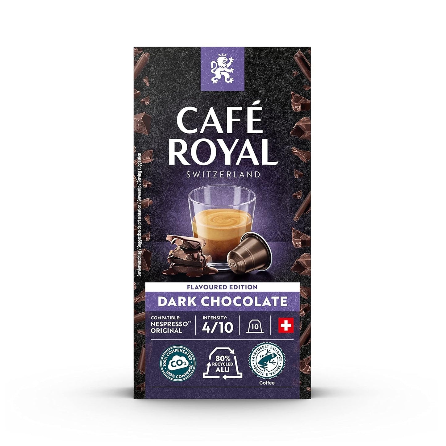 Café Royal Dark Chocolate Flavoured 100 Kapsels voor Nespresso Kaffee Machine - 4/10 Intensiteit - UTZ-zertifiziert, aus Aluminium & Lungo 36 Kapsels voor Nespresso Kaffee Machine - 4/10 Intensiteit