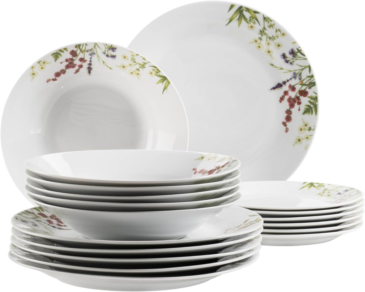 Mäser Herbal Garden 4-persoons 18-delige bloemen gedetailleerde serviesset inclusief dinerborden, soepborden en dessertborden, porselein, wit