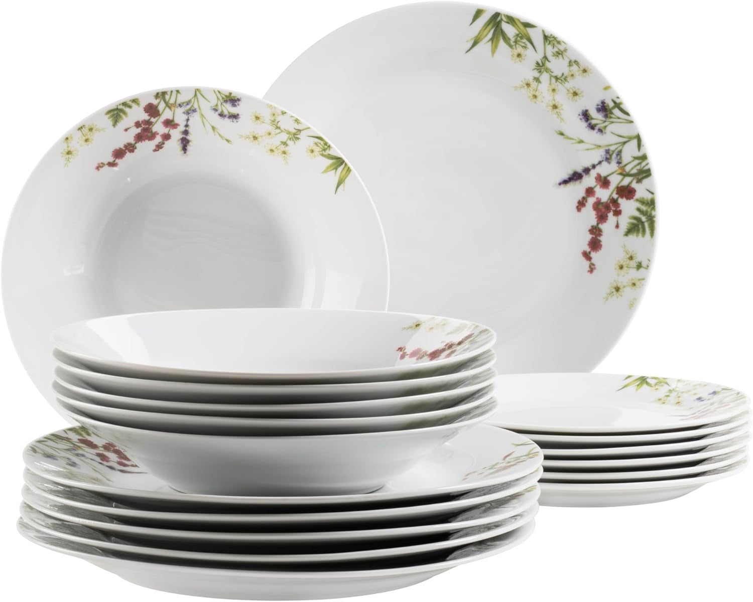 Mäser Herbal Garden 4-persoons 18-delige bloemen gedetailleerde serviesset inclusief dinerborden, soepborden en dessertborden, porselein, wit