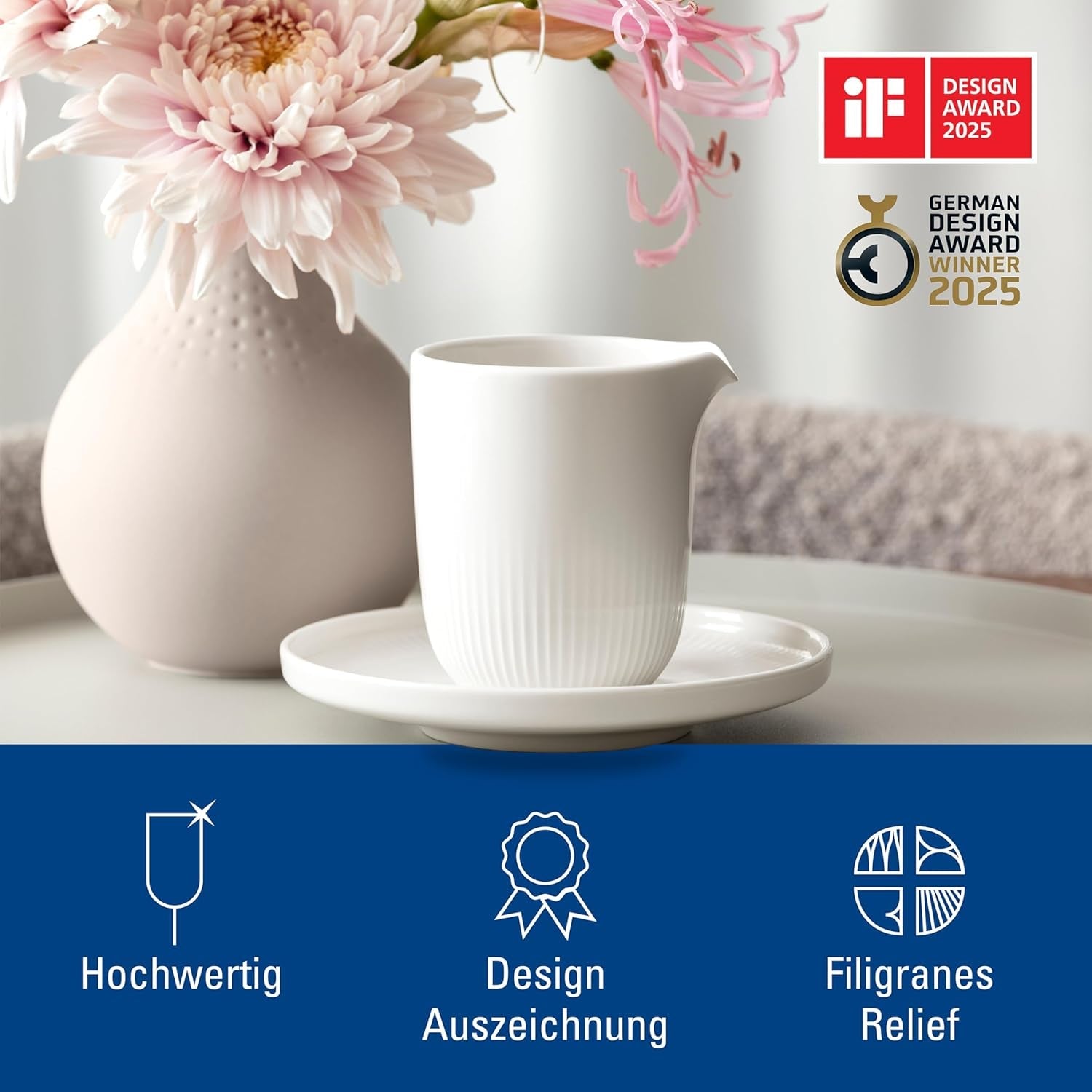 Villeroy & Boch - Afina Melkmok 170ml, Wit, Vaatwasmachinebestendig, Magnetronbestendig, Melkkaraf, Koffieaccessoire, Keramische kan, Schotel, Servies, Premium Porselein