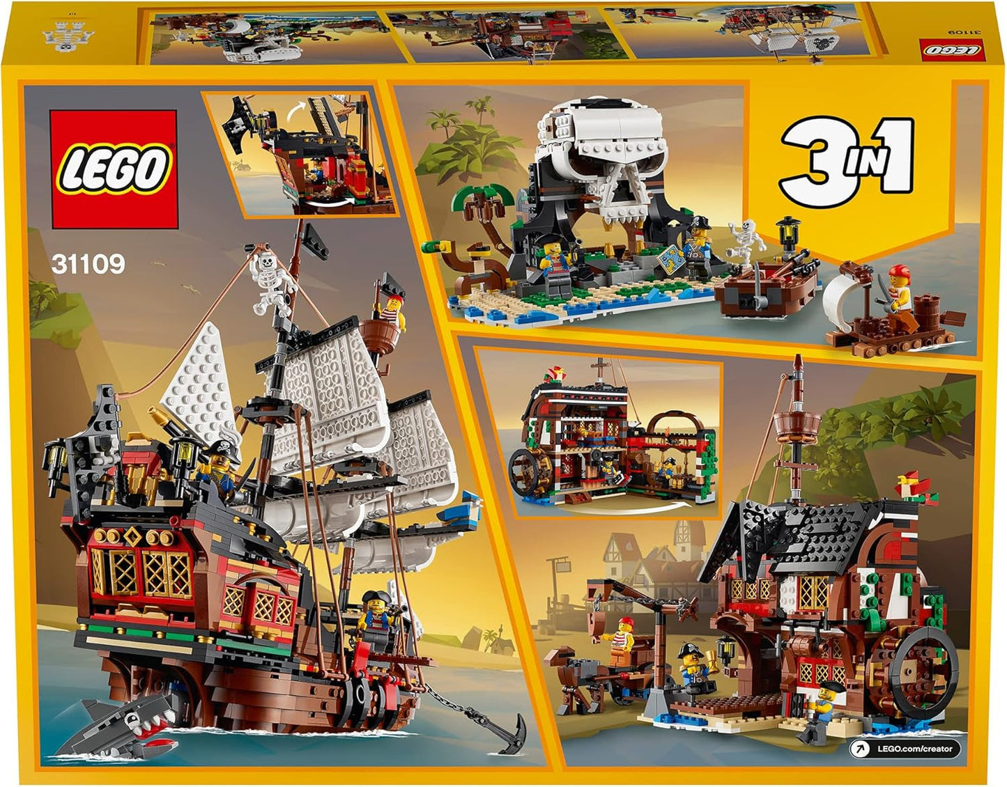 LEGO Creator 3-in-1 piratenschipset, speelgoed met 3 bouwopties, bouw een piratencafé of schedelpirateneiland, inclusief 3 rollenspel-avontuurminifiguren 31109 Bouwsets Besuche in LEGO-Store