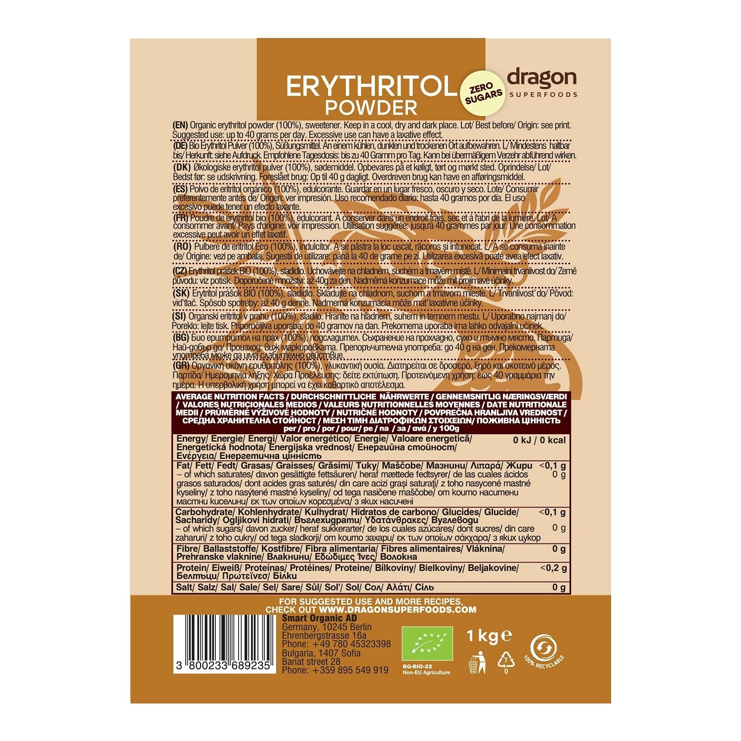Bio Erythrit - Poeder, 100% Biologisch, Veganistisch, Null Kalorien-1Kg Zoetstoffen Naty Shop