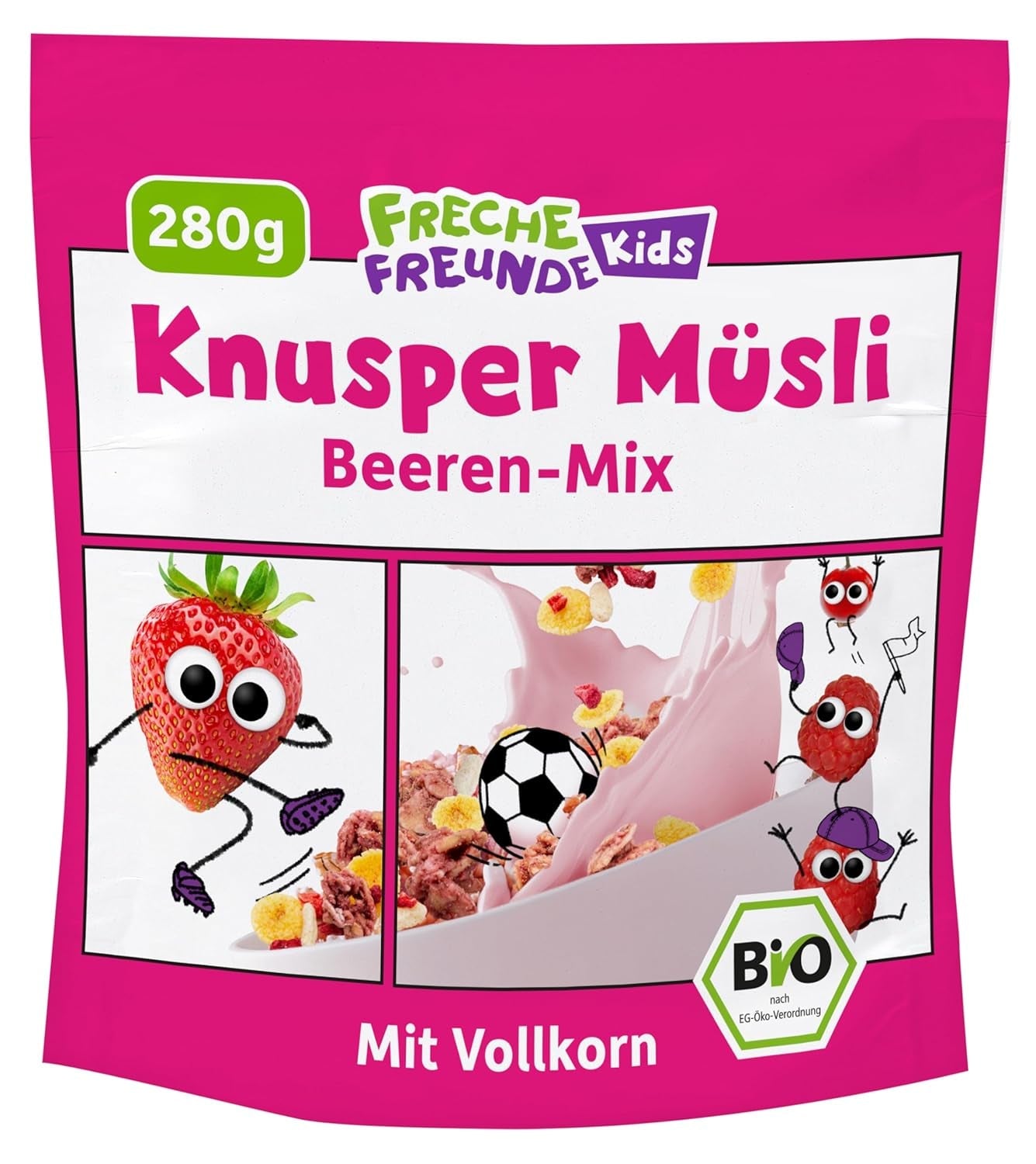 FRECHE FREUNDE Biologische ontbijtmuesli Edda's bessen knapperige mueslimix voor schoolkinderen met gevriesdroogde aardbeien Veganistisch 6-pack (6 x 280 g)