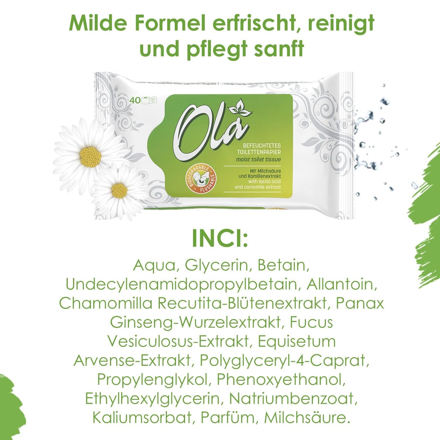 OLA nat toiletpapier - (1X40 stuks) Vochtige doekjes - kamille-extract en melkzuur, wasbaar, gevoelige huid - 40 stuks