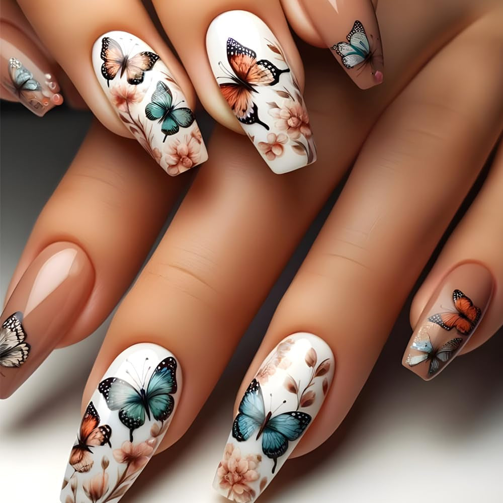 24 stuks lange druk op nagels doodskist kunstnagels vlinder bloem zelfklevende nagels wit bruin acryl nagel set nagel tips vrouwen lente zomer nagel accessoires