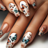 24 stuks lange druk op nagels doodskist kunstnagels vlinder bloem zelfklevende nagels wit bruin acryl nagel set nagel tips vrouwen lente zomer nagel accessoires