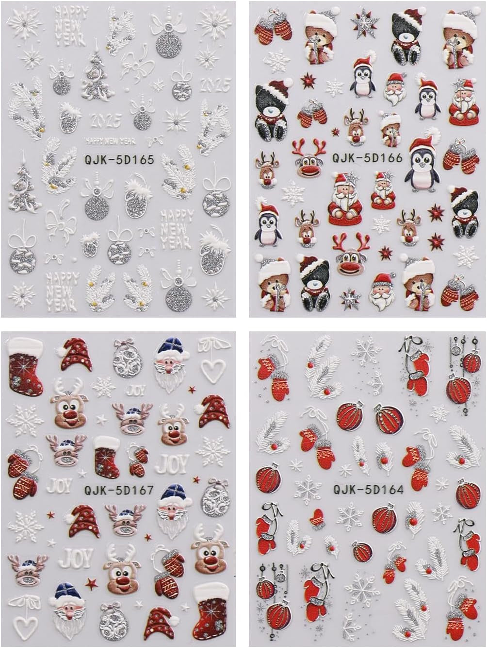 JMEOWIO 3D Nagelsticker Weihnachten Glitzer Nail Art Sticker Selbstklebend Nagelaufkleber 5D Stereoskopisch Schneeflocke Winterurlaub Süß Decoratie Nageldesign Zubehör 4 Blatt