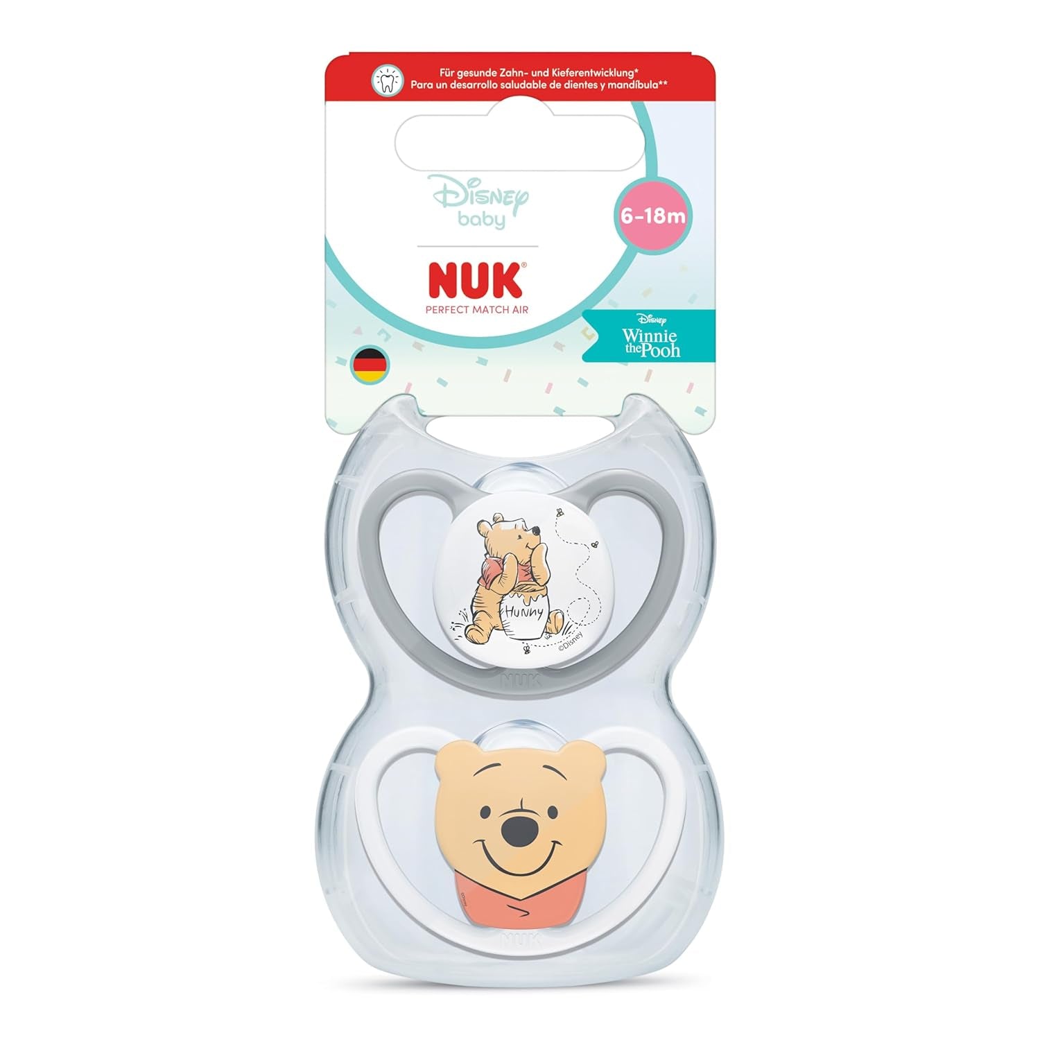 NUK Perfect Match luchtfopspenen voor baby's | 6-18 maanden | Orthodontische fopspenen die de luchtcirculatie bevorderen en huiduitslag door speeksel voorkomen | 95% acceptatie door baby's** | Disney Winnie de Poeh | Pak van 2