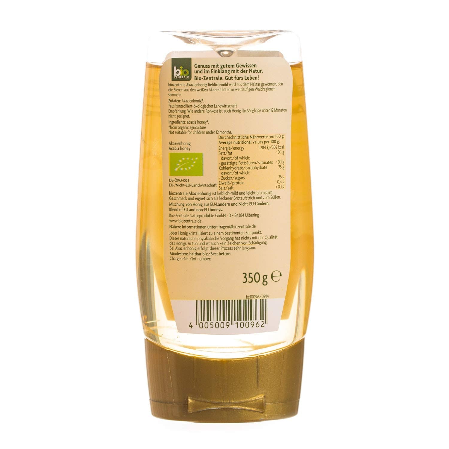 Biozentrale Biologische acaciahoning | 350 g Biologische honing van witte acaciabloemen | Ideaal als spread Biologische honing voor thee | Alternatief voor honingraathoning (2-pack)