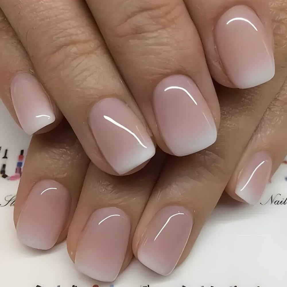 Zelfklevende kunstnagels set - Franse kunstnagels - 24 stuks Kort Vierkant Ontwerp Wit Roze Gradiënt Kunstnagels Ballerina Manicure (Kort Roze Gradiënt)