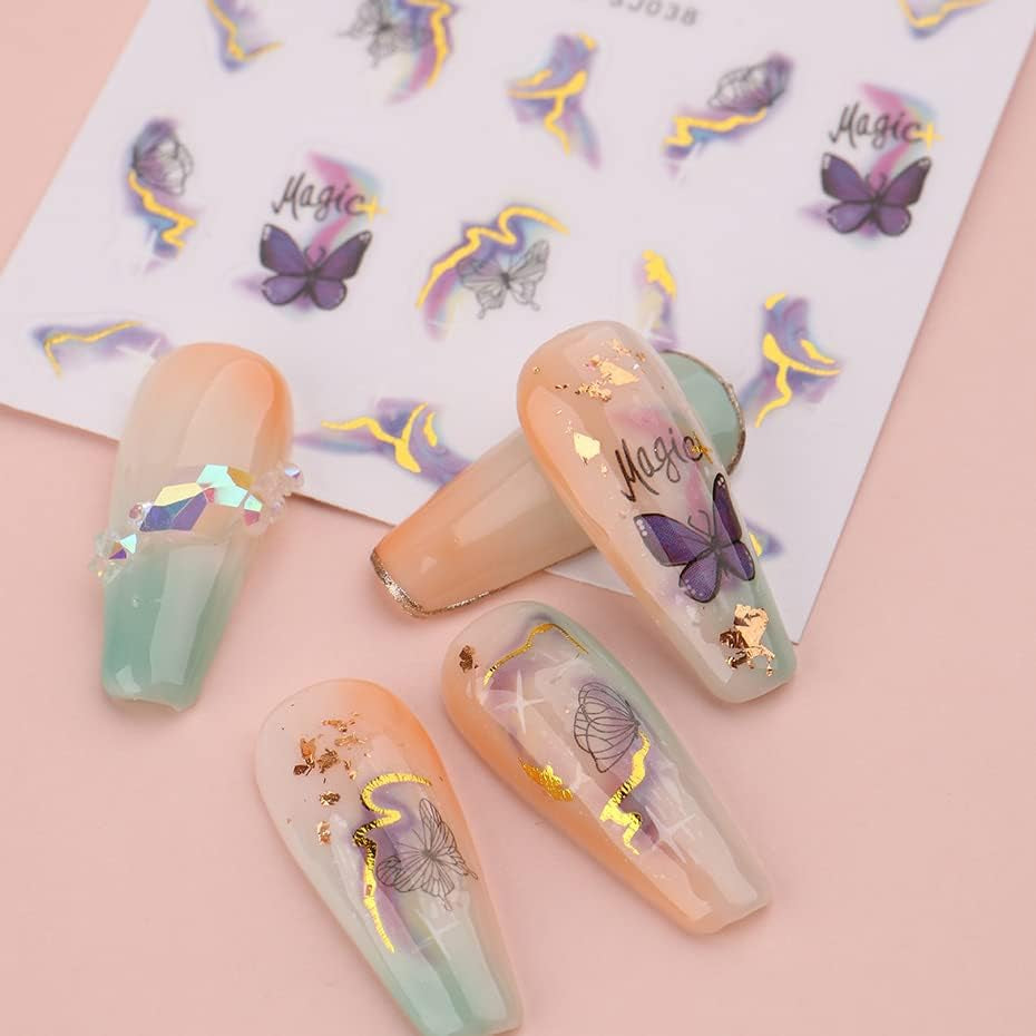 6 Blatt 3D Lila Schmetterling Nagelstickers Selbstklebend Nagelaufkleber Schmetterlinge Nagelsticker Bunte Blühen Marmor Nagelstickers Regenbogen Welle Linien Nail Art Aufkleber Nageldesign Zubehör