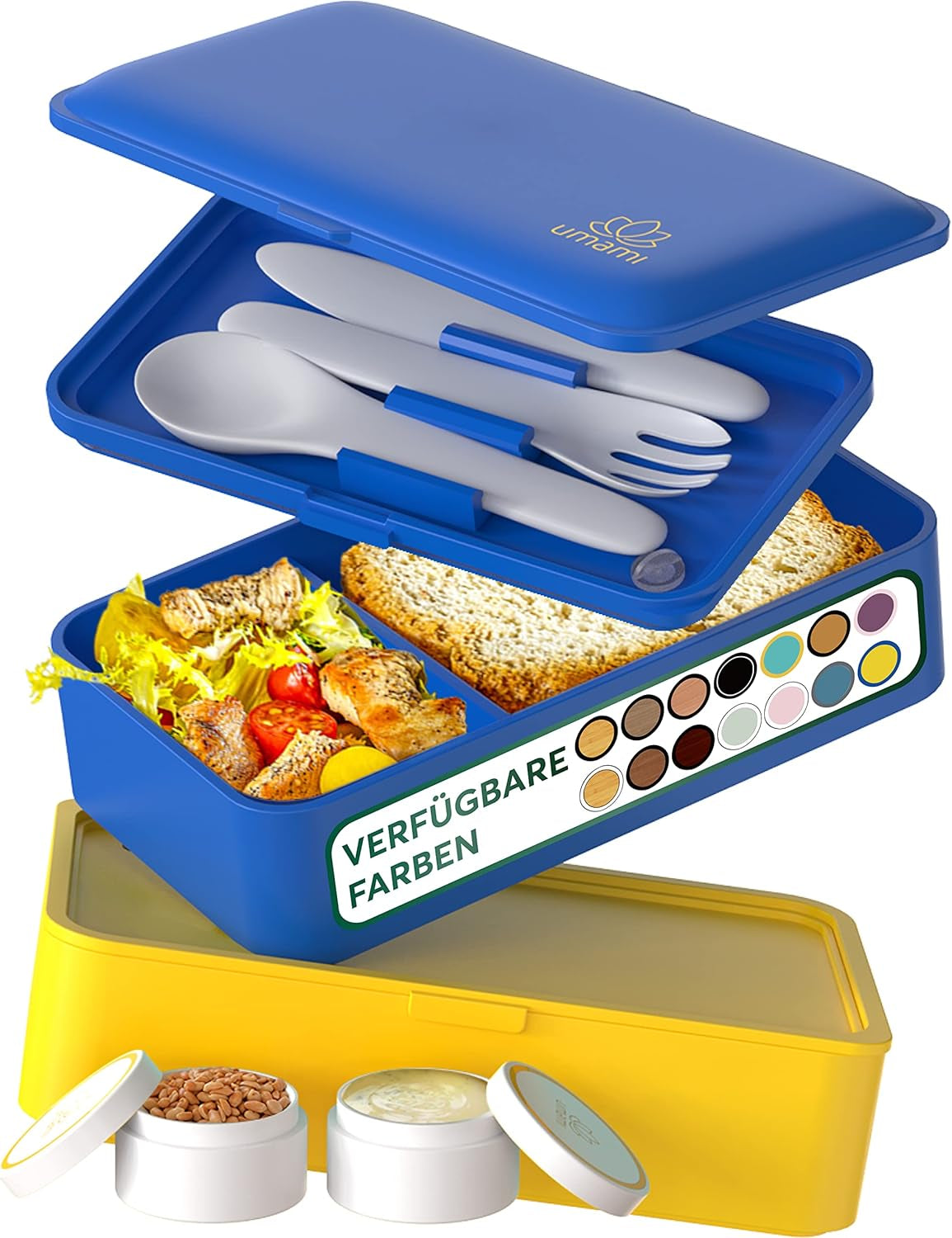 Umami lunchbox voor volwassenen, stapelbare bentobox met 4 bestek en vakken, lunchbox voor volwassenen, saladecontainer voor onderweg, picknick-/kantoorlunchbox, antracietgrijs, 1500 ml Naty Shop voedselbewaardozen goudblauw L - 1200 ml