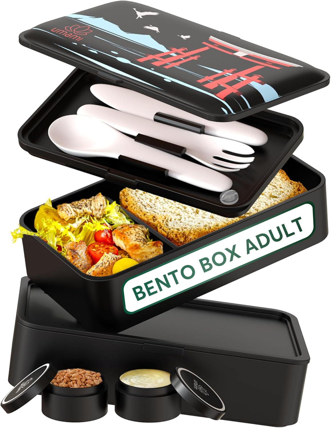 Umami lunchbox voor volwassenen, 4 bestek en compartiment lekvrije stapelbare bentobox, lunchbox voor volwassenen, saladecontainer voor onderweg, picknick-/kantoorlunchbox, antracietgrijs, 1500 ml Naty Shop zwarte Pp voedselbewaardozen - Torii Special Edition L - 1200 ml