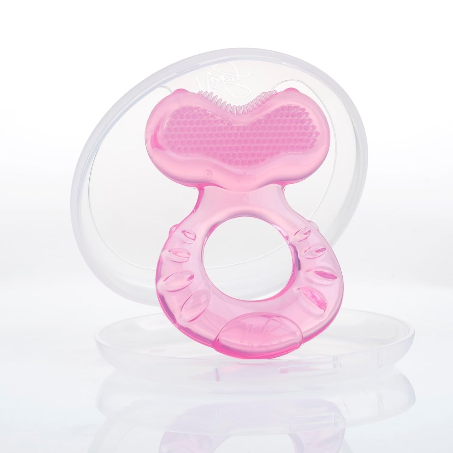 Nuby Teethe-eez Zachte siliconen bijtring | Siliconen bijthulpmiddel met gestructureerd oppervlak voor het masseren van tandvlees | Inclusief hygiënische hoes | Roze | Vanaf 3 maanden