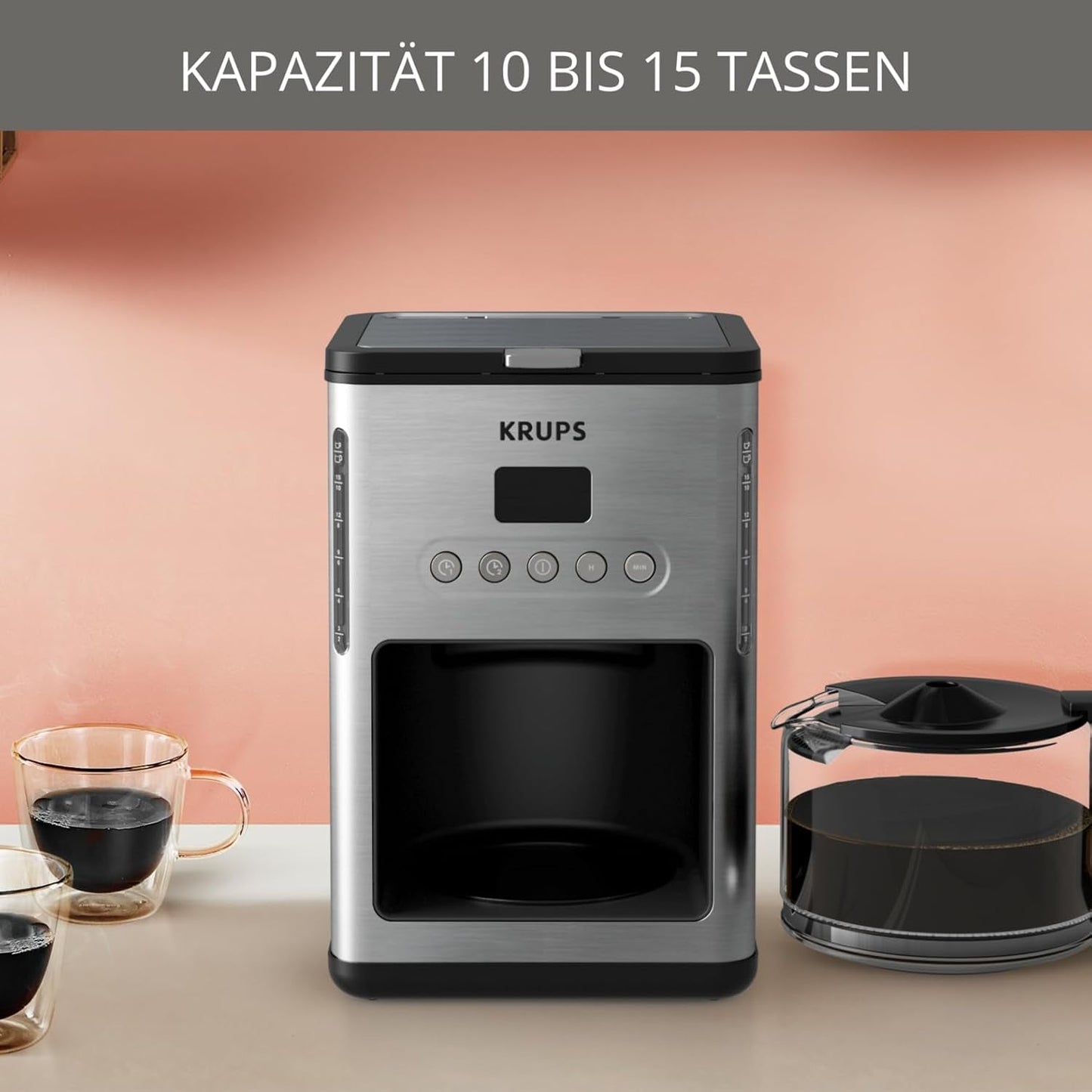 Koffie-espressomachine met filter Krups KM442D Premium | 10-15 kopjes | 1000 watt | programmeerbaar | warmhoudfunctie | roestvrij staal | zwart