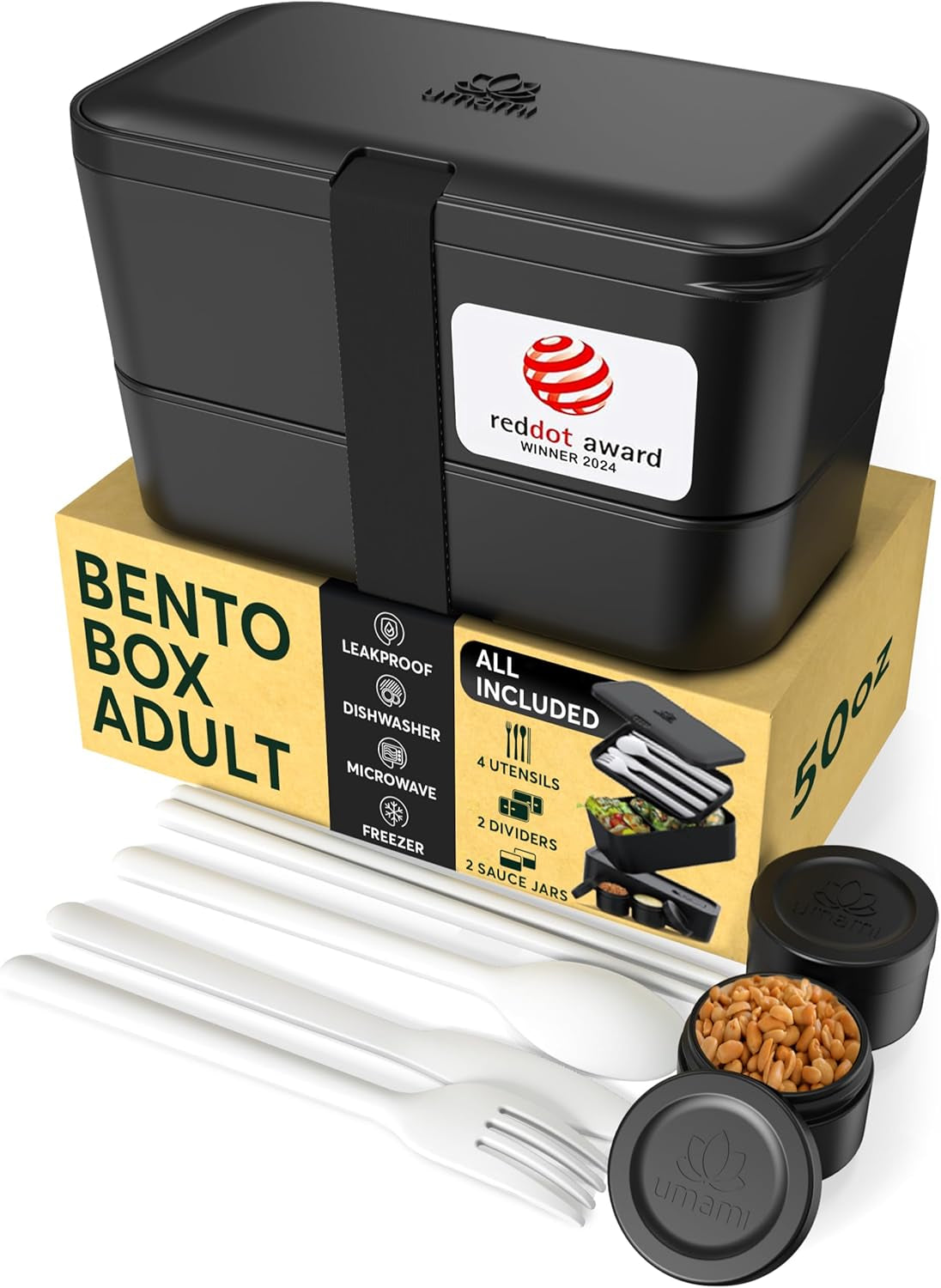 Umami lunchbox voor volwassenen, 4 bestek en compartiment lekvrije stapelbare bentobox, lunchbox voor volwassenen, saladecontainer voor onderweg, picknick-/kantoorlunchbox, antracietgrijs, 1500 ml Naty Shop Onix zwarte voedselbewaardozen - 1500 ml L - 1500 ml stapelbaar in elkaar