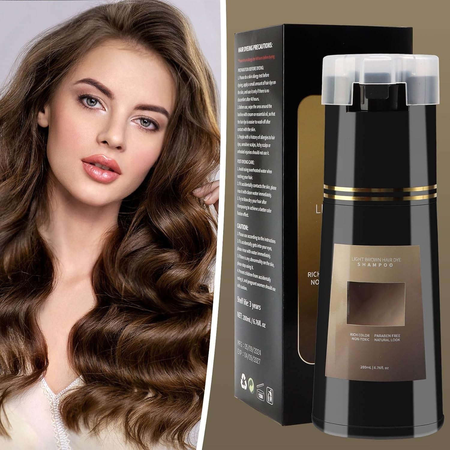 Haarkleurshampoo, 3 in 1 Instant Kleurshampoo, Instant Haarverzorging Kleurshampoo, Zwart Haarkleurshampoo, Haarkleurshampoo (Lichtbruin) Naty Shop Haarverf