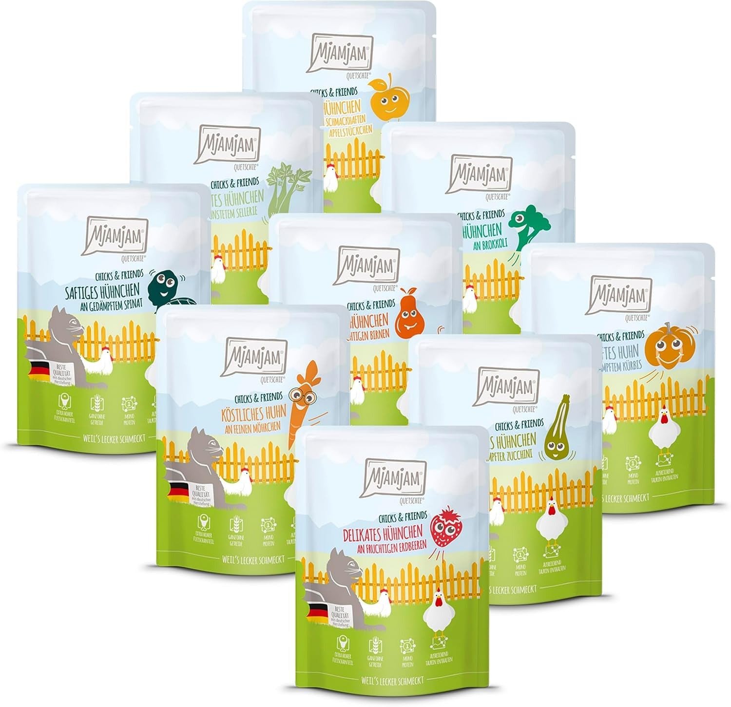 MjAMjAM - Premium Nassfutter für Katzen - Chicks & Friends Box, 9er Pack (9 x 300g), ontvangvrij met extra Fleisch