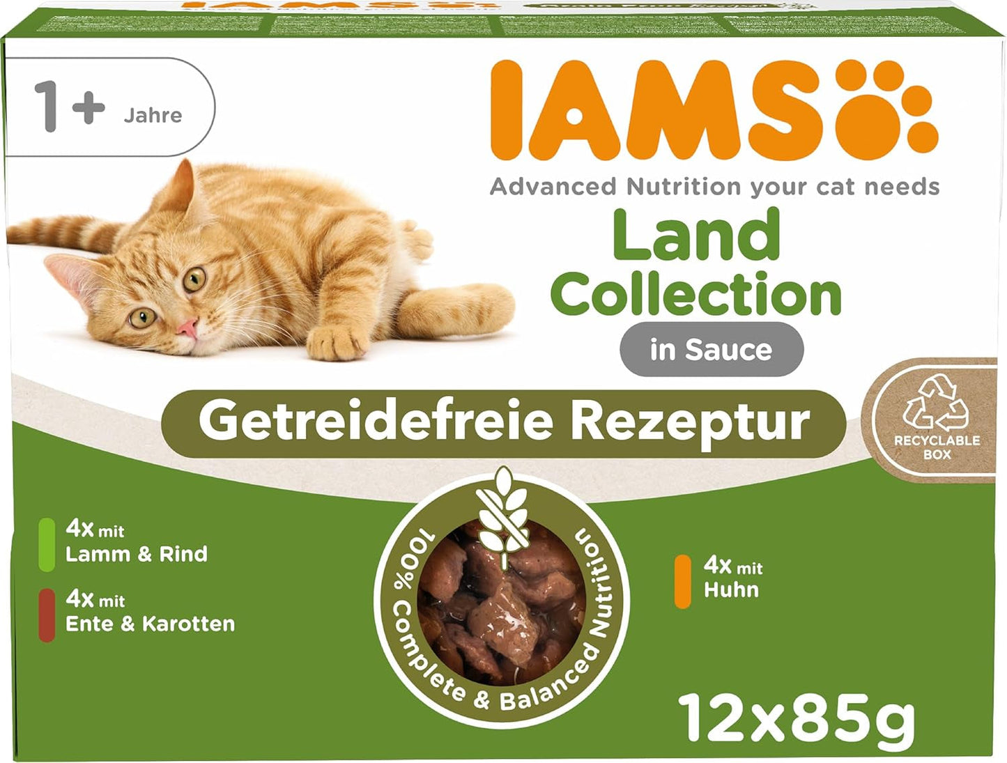 IAMS Delights Land Collection Graanvrij nat kattenvoer - Vleesvariatiepakket Multipack Graanvrij natvoer voor katten van 1 jaar en ouder 12 x 85 g