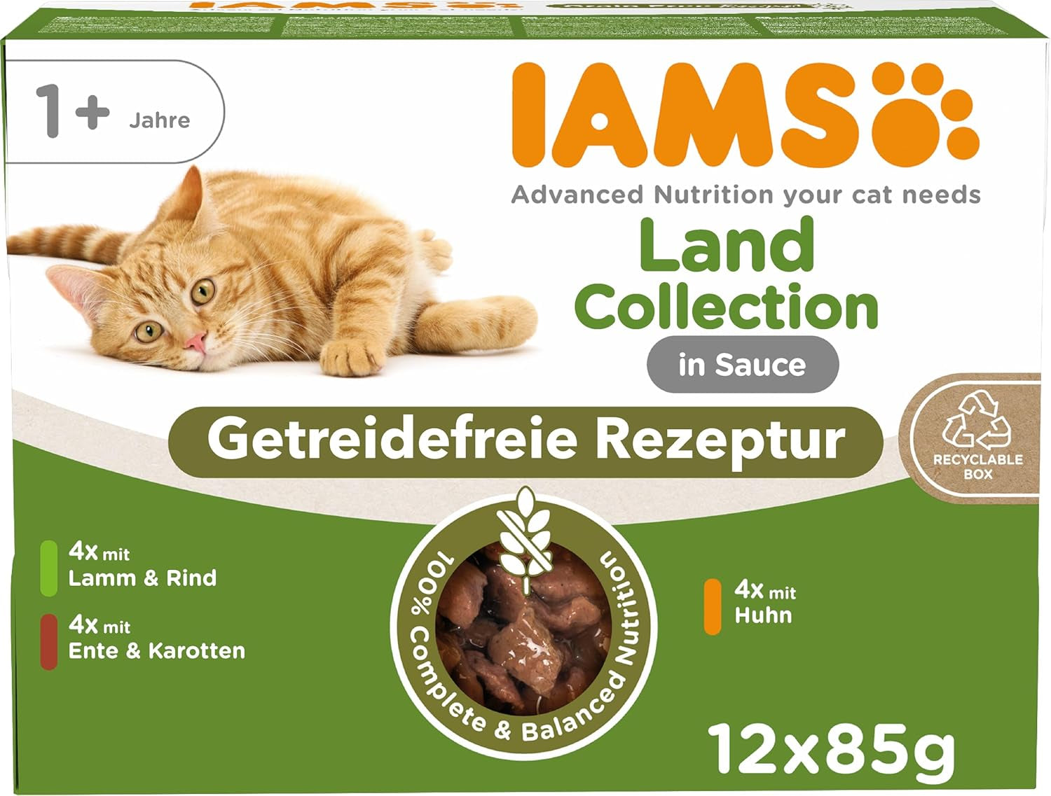 IAMS Delights Land Collection Graanvrij nat kattenvoer - Vleesvariatiepakket Multipack Graanvrij natvoer voor katten van 1 jaar en ouder 12 x 85 g