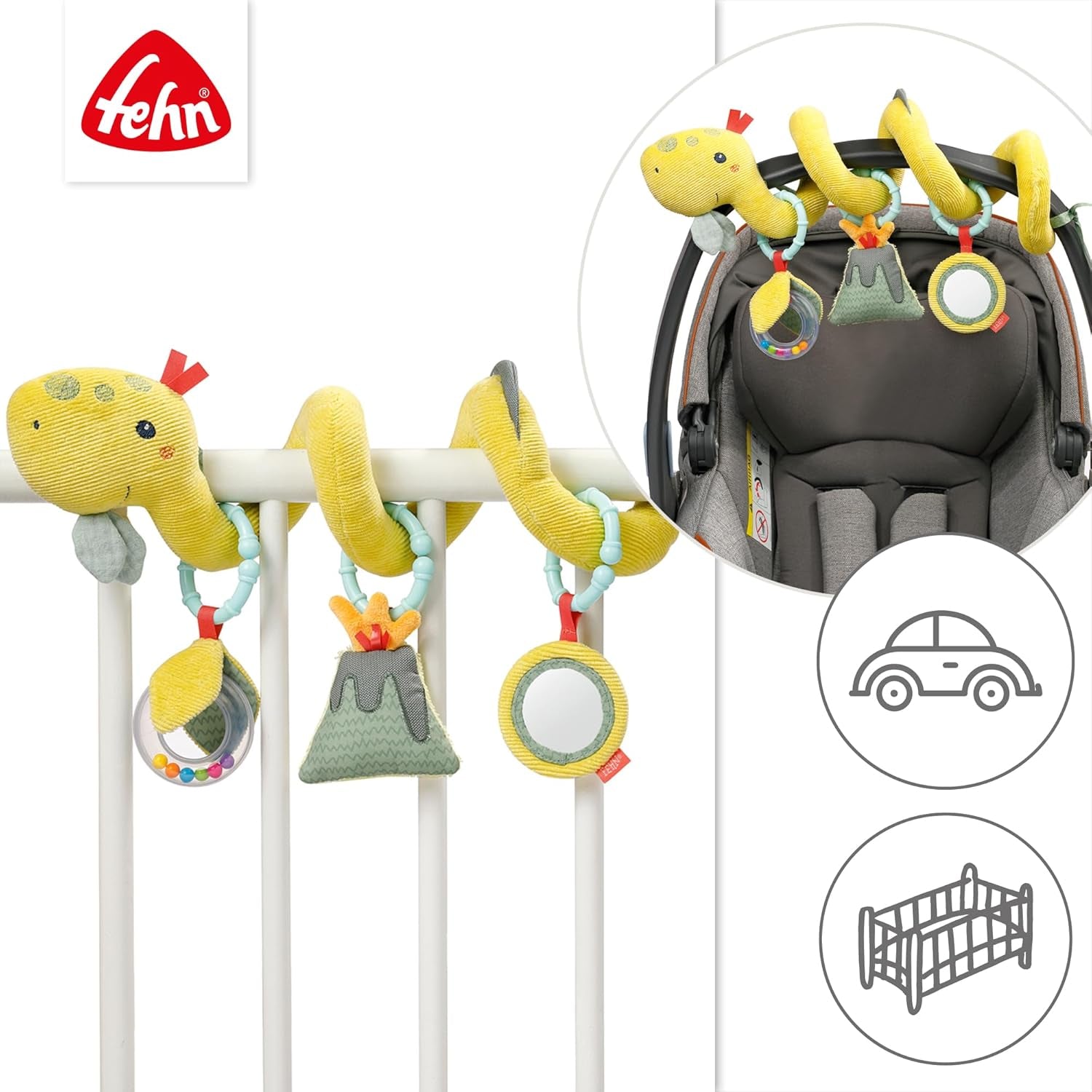 Fehn Activity Spiral Dino - duw- en trekkinderwagenspeelgoed - babydinosaurusspeelgoed voor bed, speeltuin, kinderwagen en autostoel - speelgoed voor motorische activiteit voor baby's en peuters vanaf 0+ maanden Babyspeelgoed Naty Shop