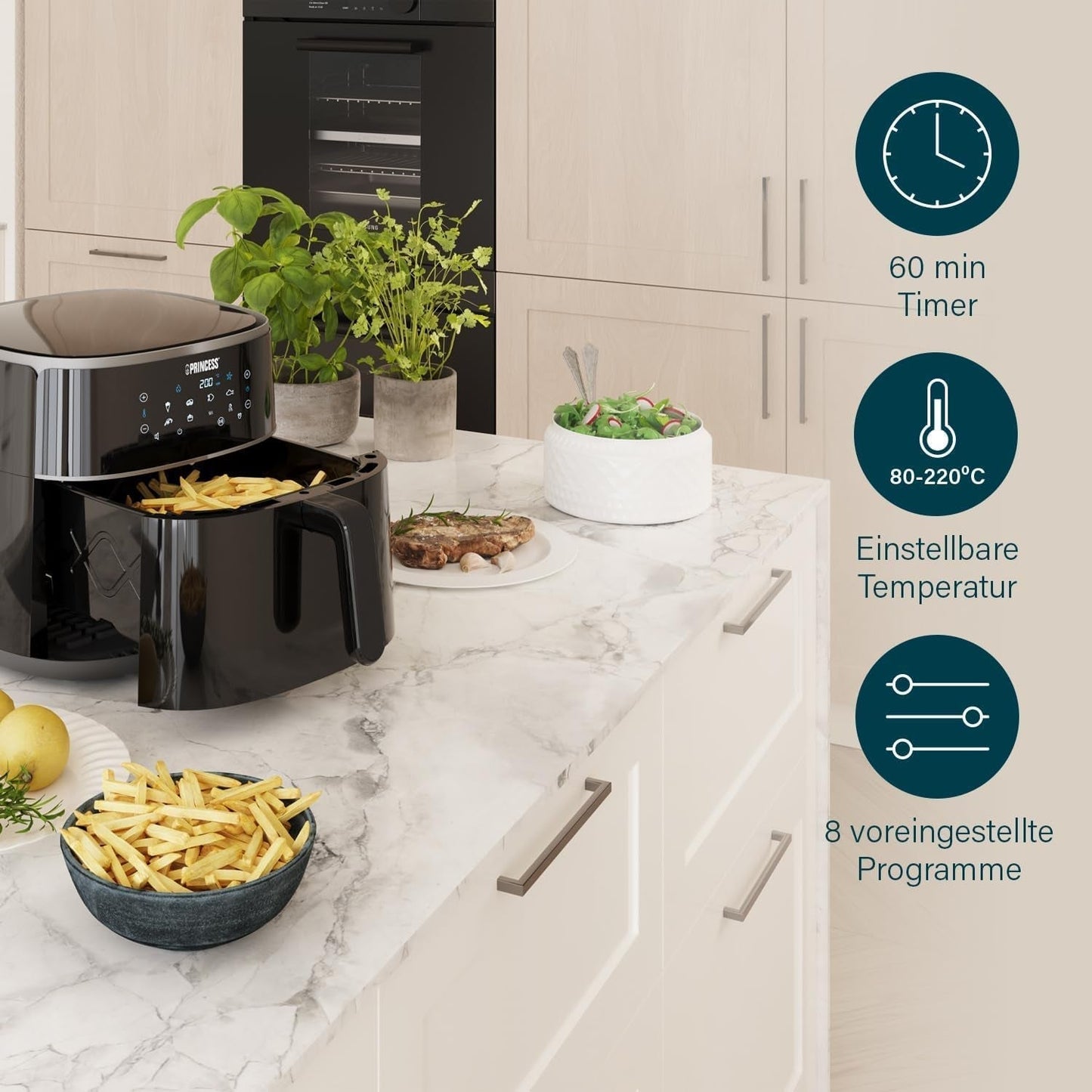 Princess Digitale Heteluchtfriteuse - Variabele bakinhoud - Maximaal 8 liter - 6 vooraf ingestelde programma's Apparaten Naty Shop