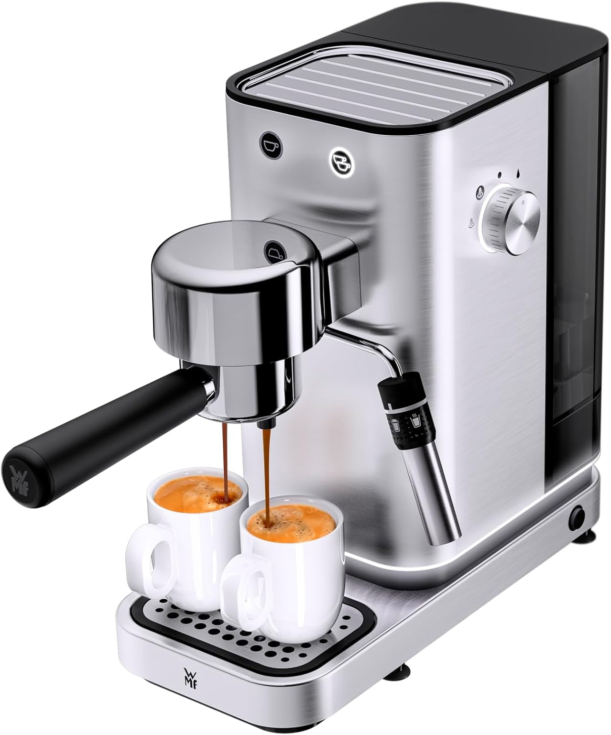 WMF Lumero espressomachine, portafilter, 1400 watt, portafilter, 3 inzetstukken, voor 1-2 espressokopjes, inclusief voor capsules, 15 bar, bekerhouder, melkopschuimer, mat roestvrij staal