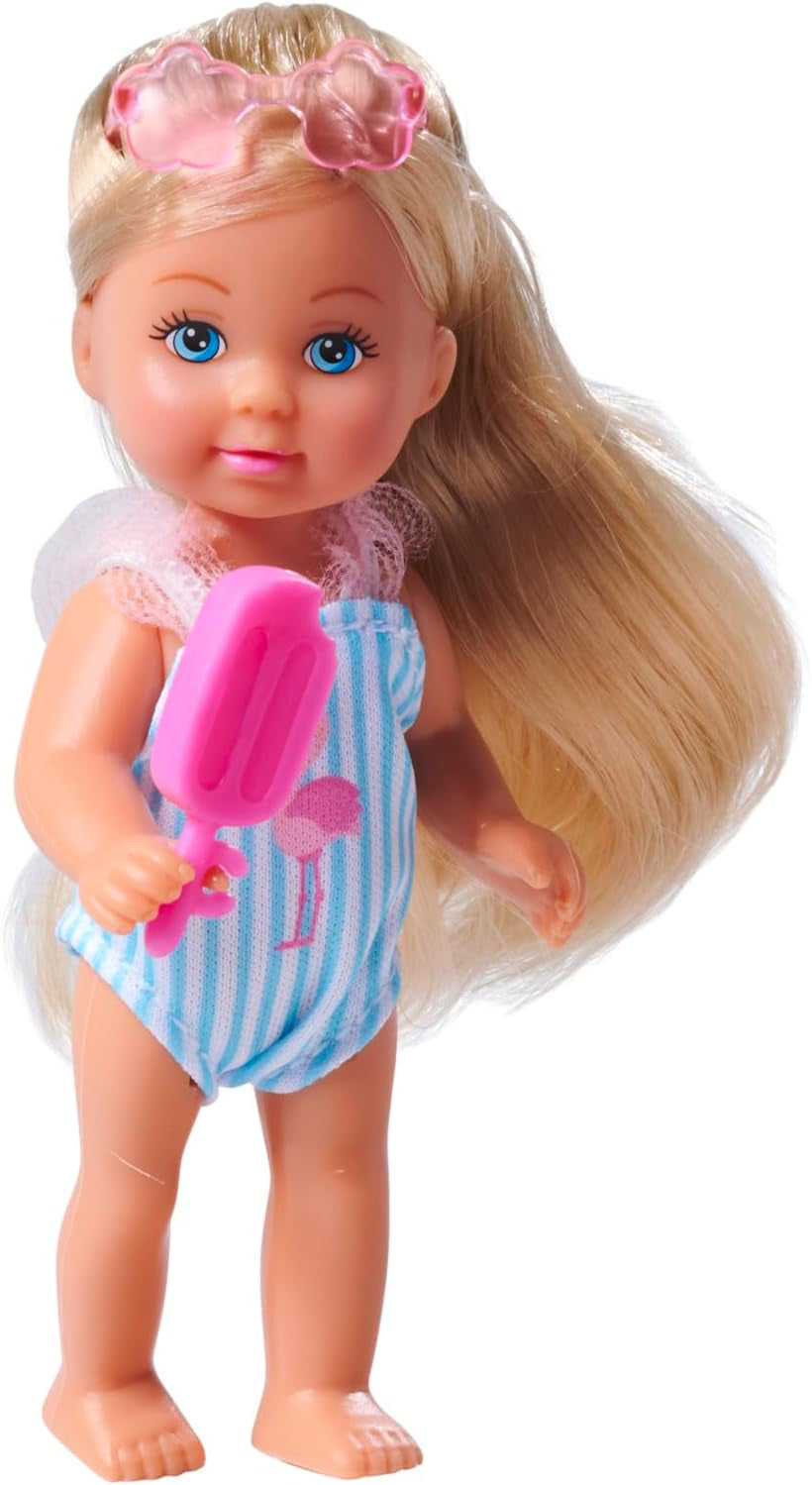 Simba Evi Love Travel, 2 verschillende modellen, er wordt slechts ÉÉN artikel geleverd, pop in een koffer op wielen, draagt ​​een zwempak met ruches, inclusief zonnebril en ijsje, 12 cm, vanaf 3 jaar