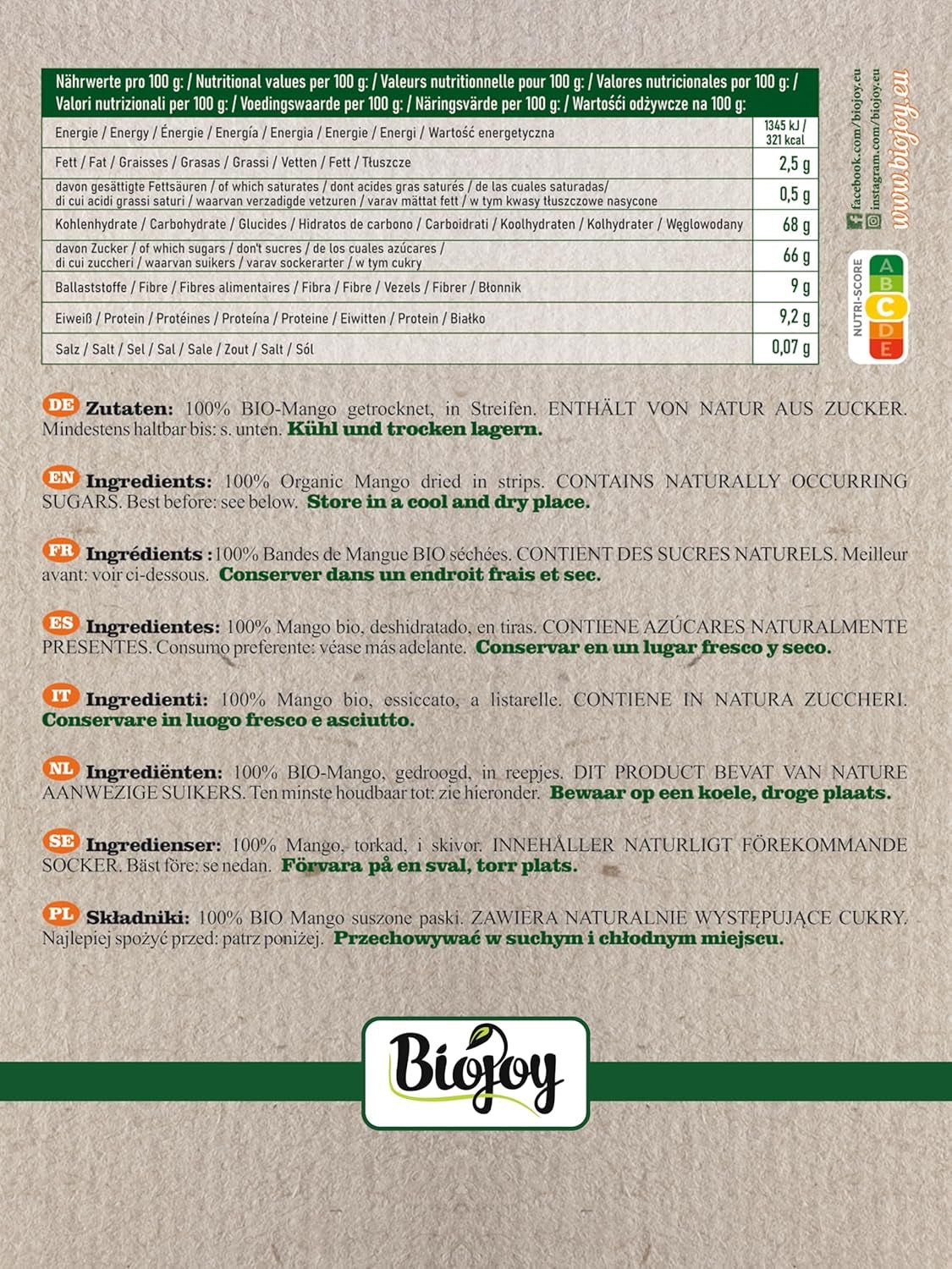 Biojoy BIO gedroogde mango (1 kg), ongezwavelde Naty Shop gedehydrateerde producten