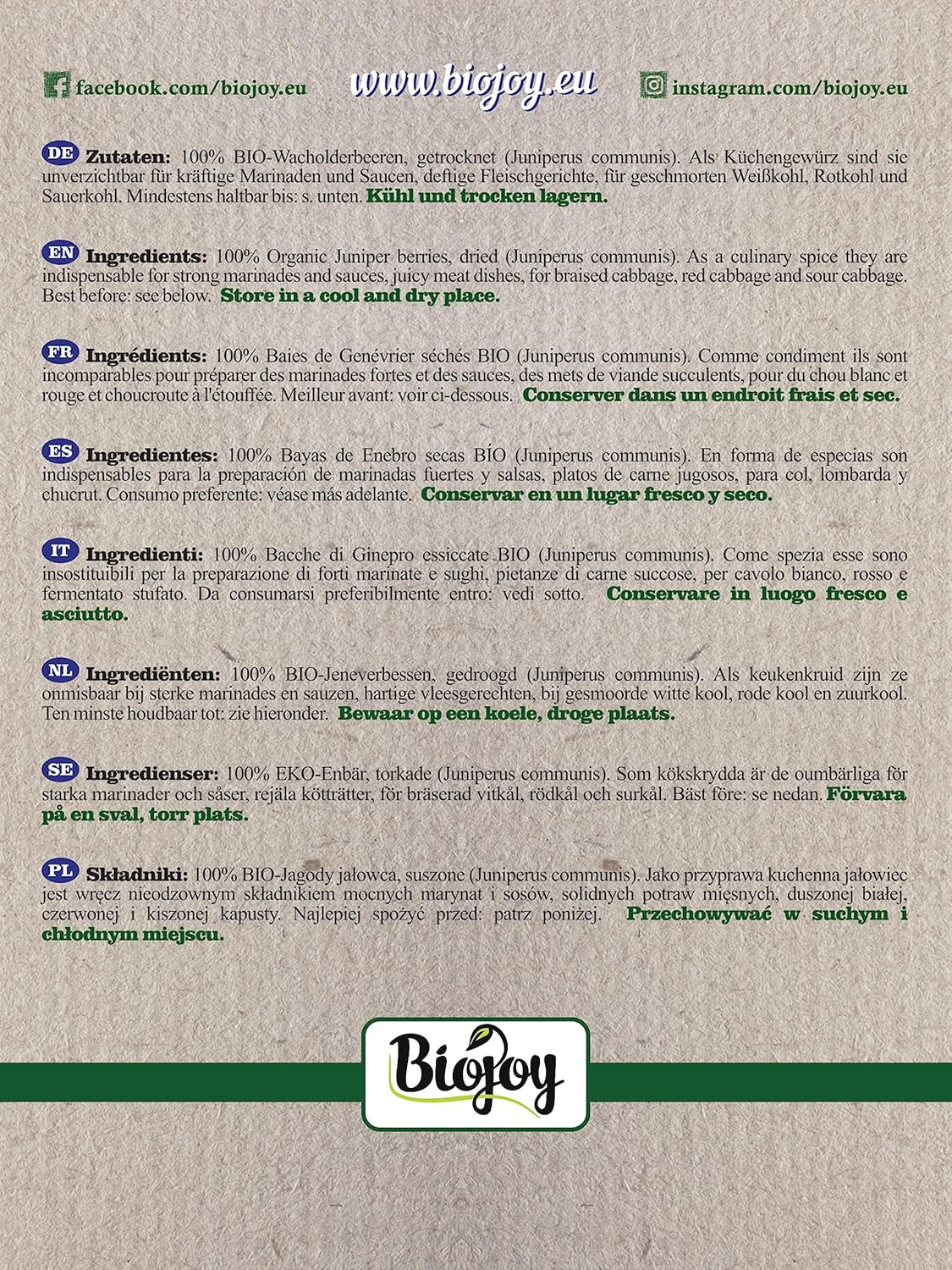 Biojoy biologische jeneverbesvrucht (250 g), gedroogd en heel, zonder toevoegingen (Juniperus communis) Gedroogde producten Naty Shop