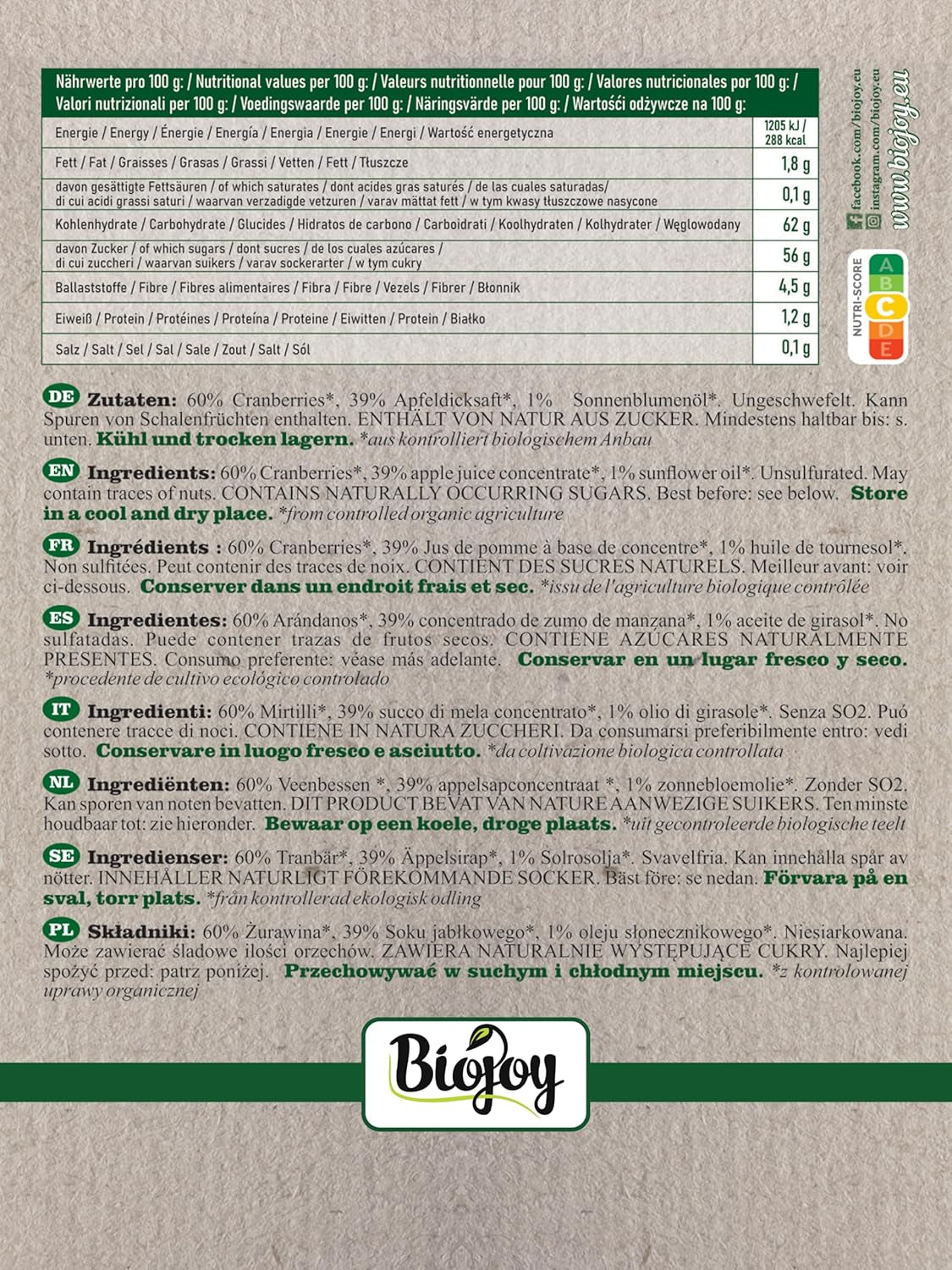 Biojoy biologische gedroogde veenbessen (1 kg), veenbessen gezoet met appelstroop Gedroogde producten Naty Shop