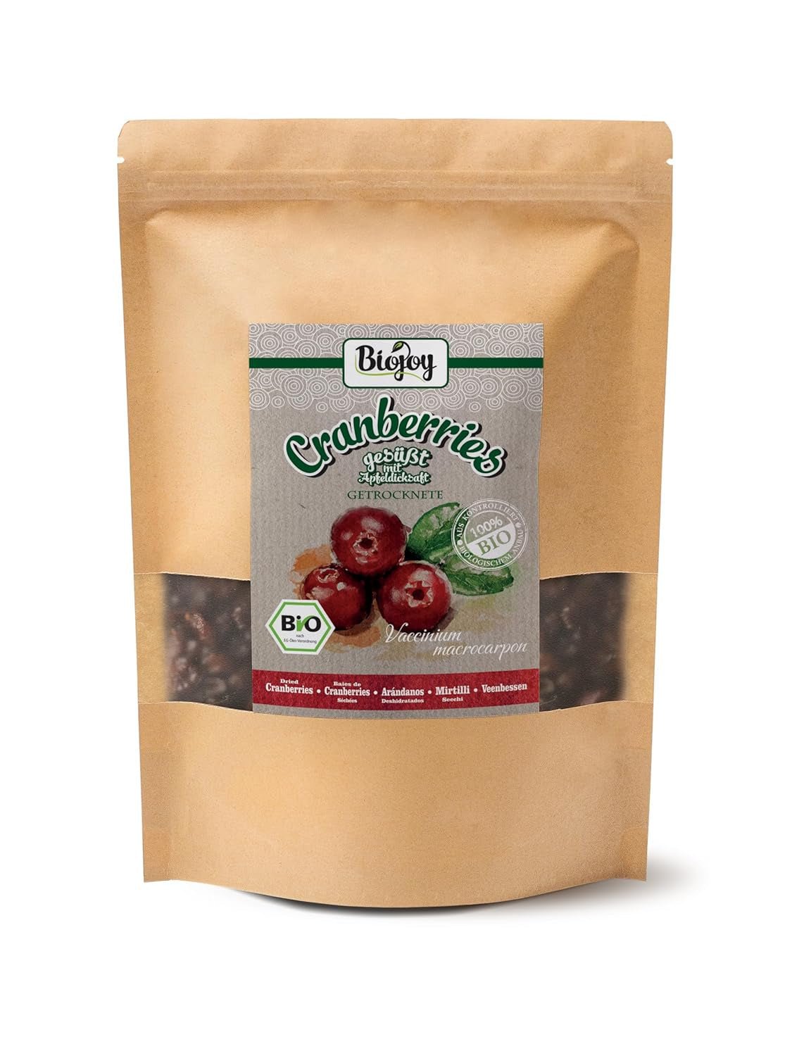 Biojoy biologische gedroogde veenbessen (1 kg), veenbessen gezoet met appelstroop Gedroogde producten Naty Shop 1 kg (1 pak)