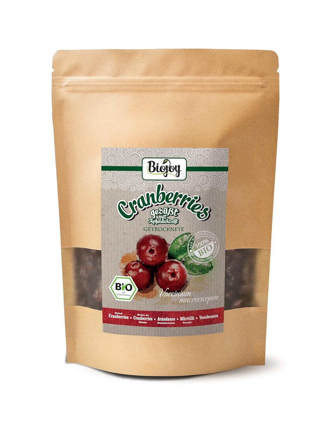 Biojoy biologische gedroogde veenbessen (1 kg), veenbessen gezoet met appelstroop Gedroogde producten Naty Shop 500 G