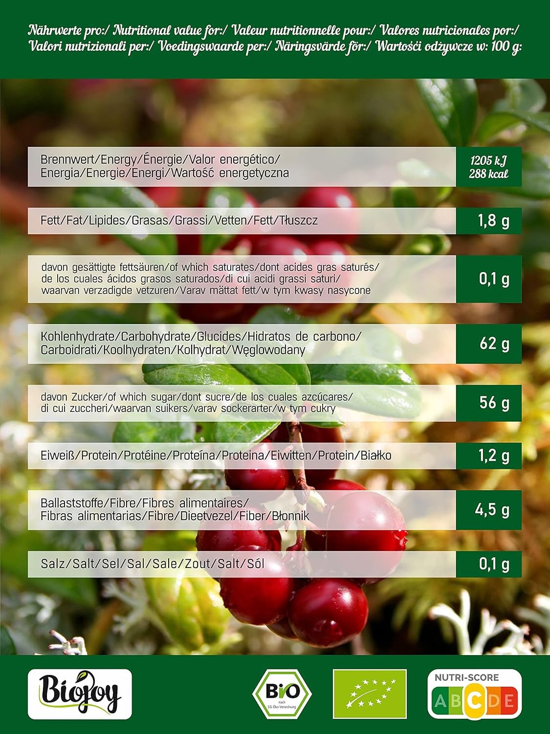 Biojoy biologische gedroogde veenbessen (1 kg), veenbessen gezoet met appelstroop Gedroogde producten Naty Shop