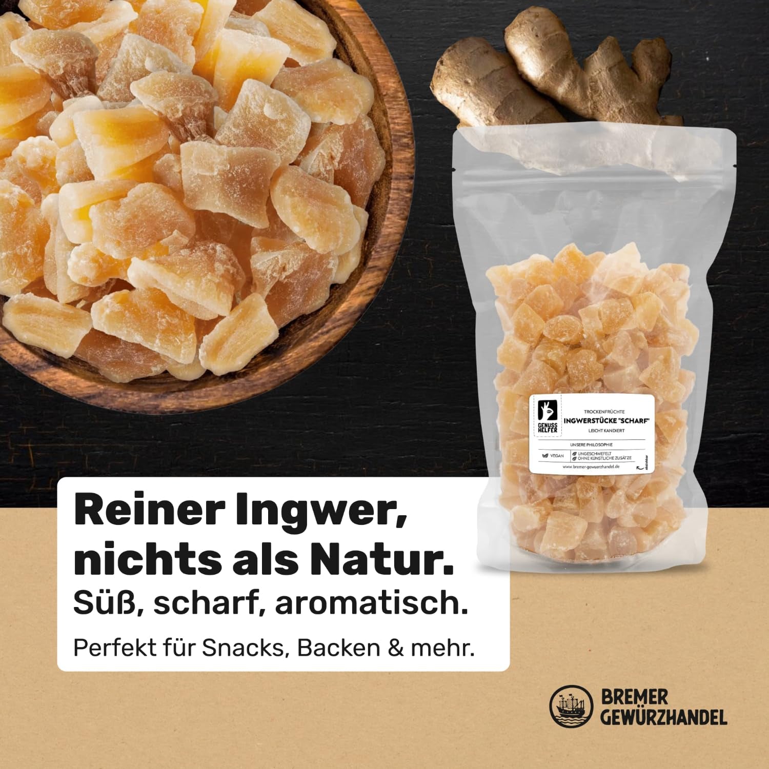 Bremer Gewürzhandel gember, stukjes gedroogd fruit gekruid, aromatisch, kruidig, ongezwaveld, 1kg Gedroogde producten Naty Shop