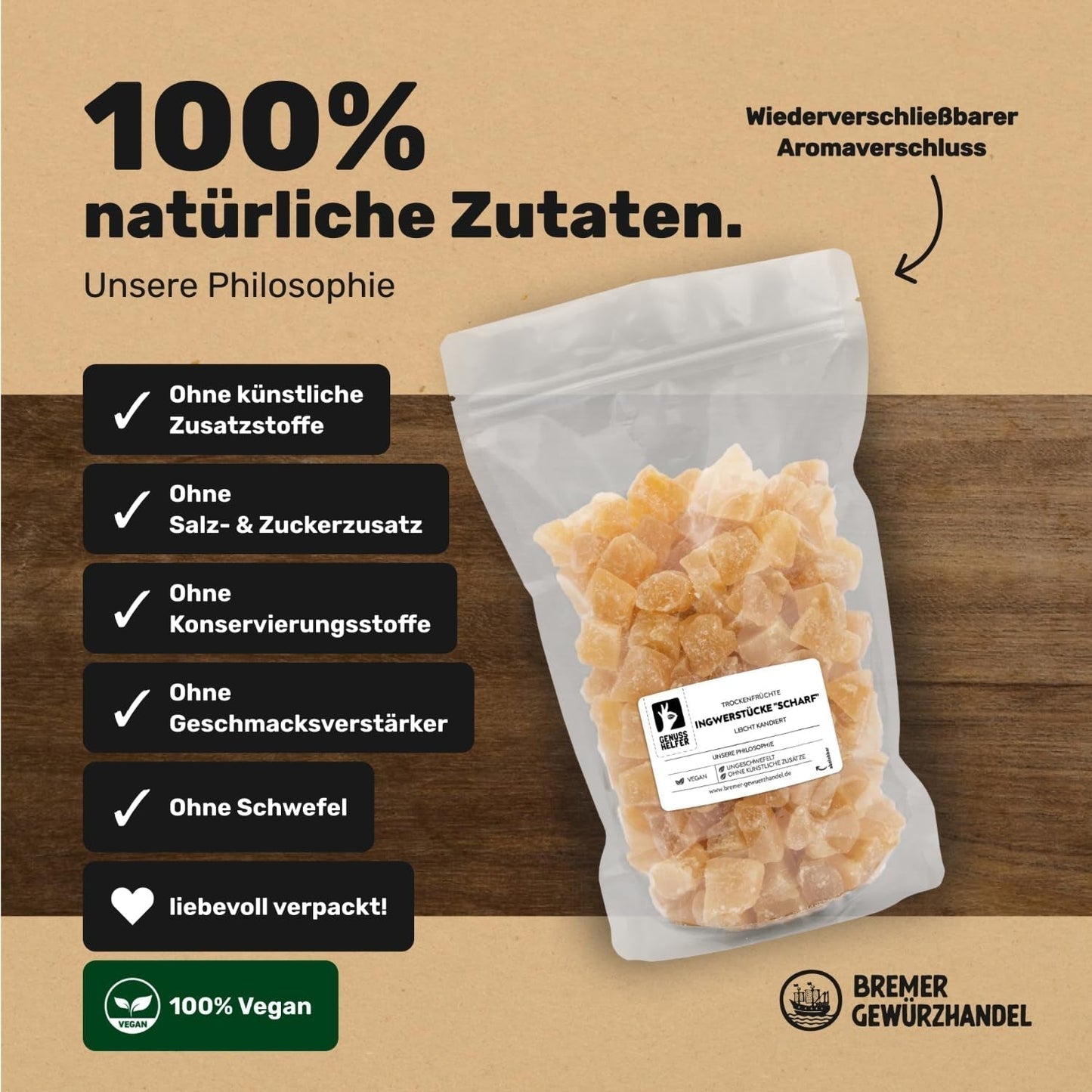 Bremer Gewürzhandel gember, stukjes gedroogd fruit gekruid, aromatisch, kruidig, ongezwaveld, 1kg Gedroogde producten Naty Shop