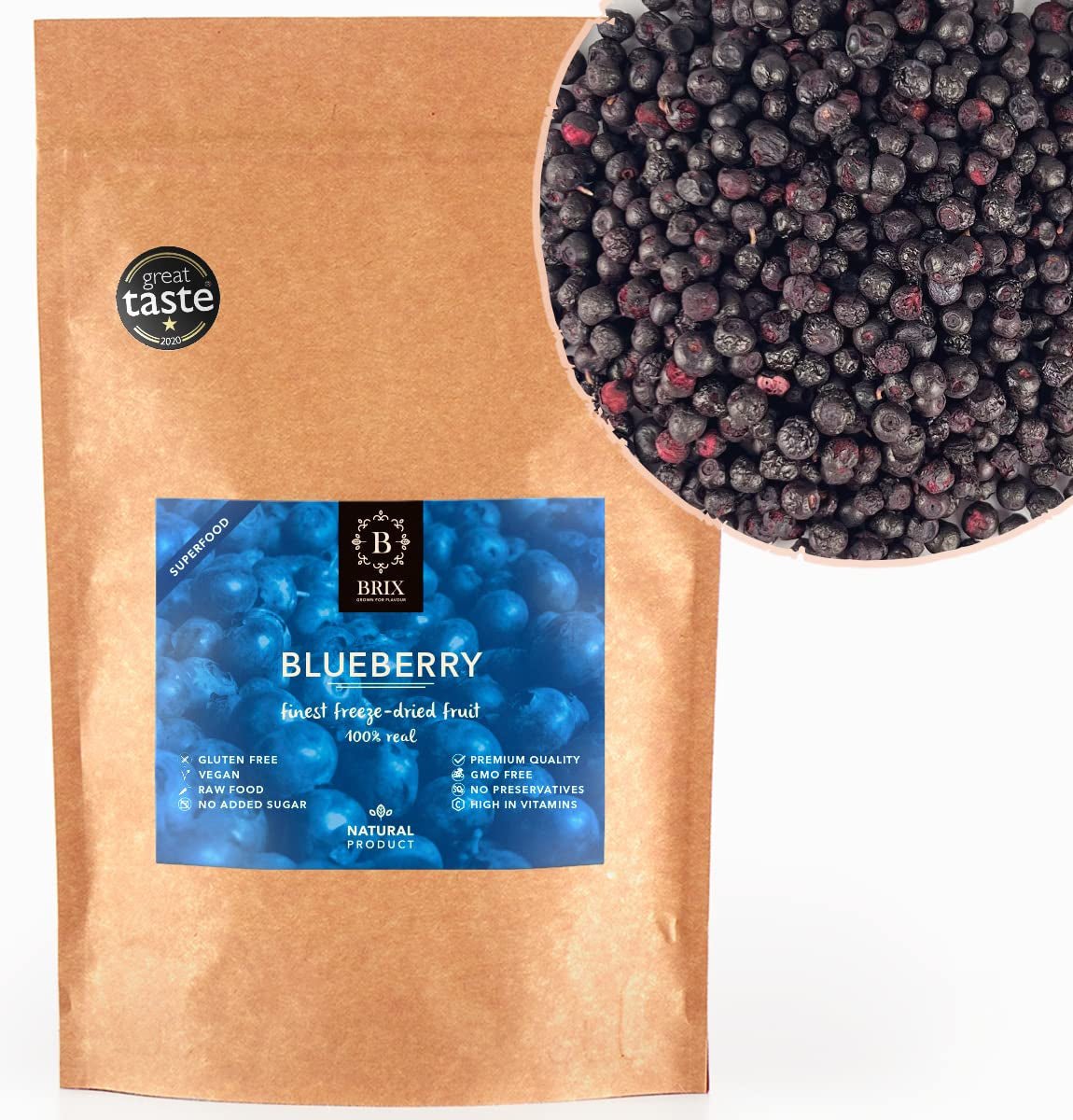 BRIX Gevriesdroogde bosbessen | Natuurlijke bosbessen, gedroogd 95 g | Great Taste Award voor gedroogde veenbessen | Niet-GMO, glutenvrij, veganistisch, achtergehouden vitamines Naty Shop Gedehydrateerde producten Standaardtitel