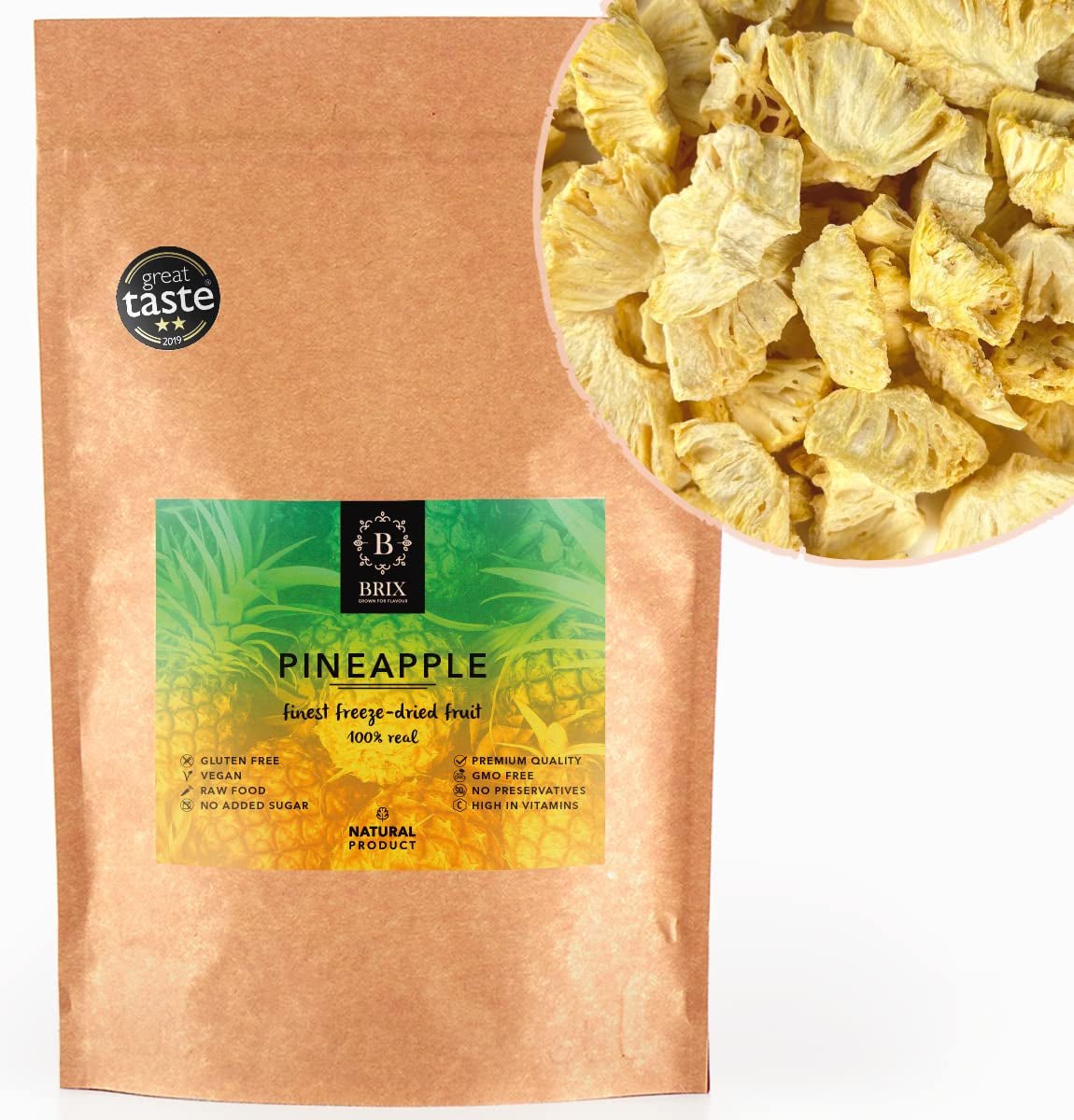 BRIX Gevriesdroogde ananas | Natuurlijke, gedroogde ananas 95 g | Great Taste Award gedroogd fruit, gevriesdroogde ananas | Niet-GMO, glutenvrij, veganistisch, achtergehouden vitamines Naty Shop Gedehydrateerde producten Standaardtitel
