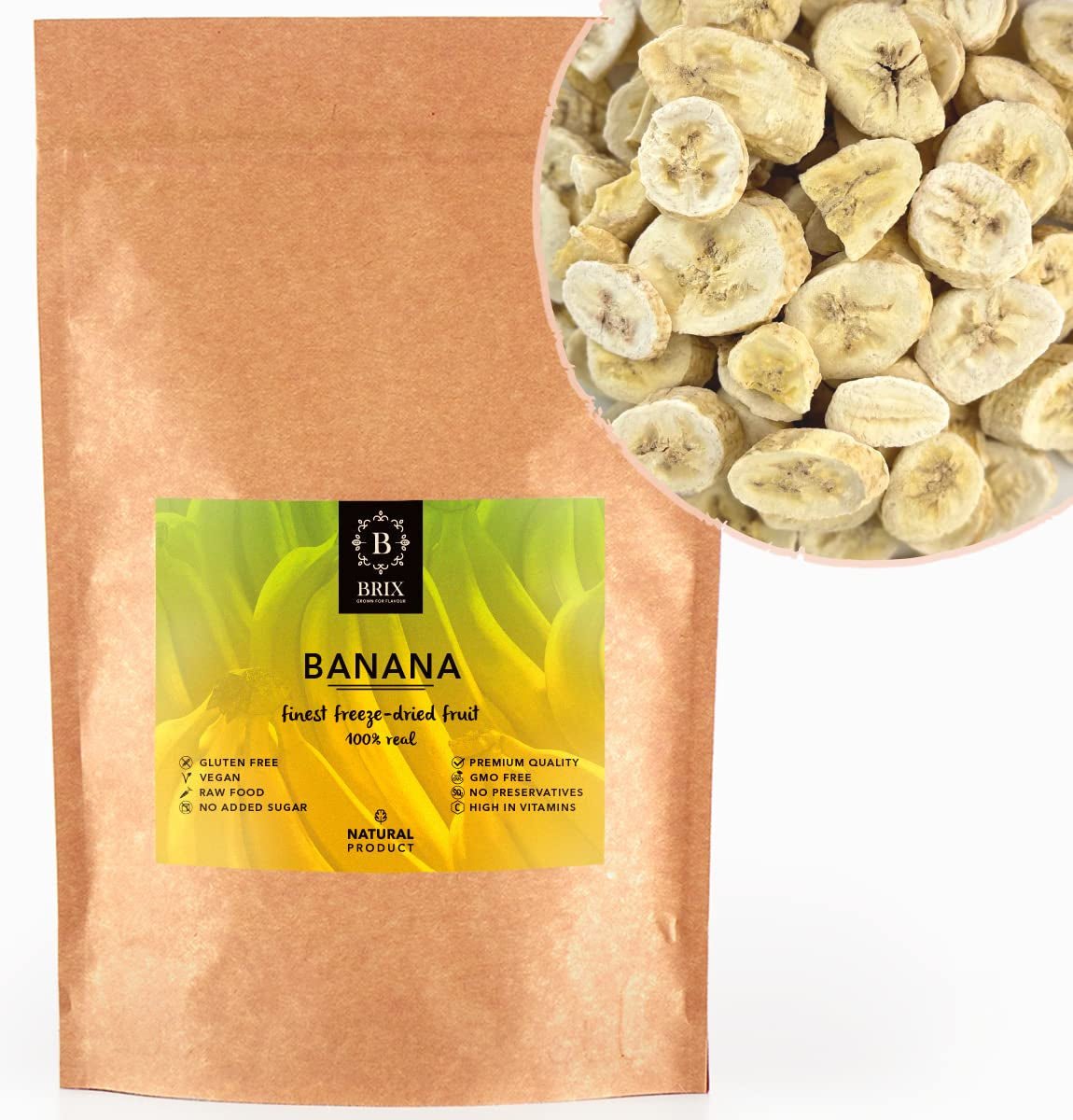 BRIX gevriesdroogde bananen | Natuurbananen, gedroogd 140 g | Great Taste Award voor gedroogd fruit, gedroogd | Niet-GMO, glutenvrij, veganistisch, geconserveerde vitaminen Naty Shop Gedehydrateerde producten Standaardtitel