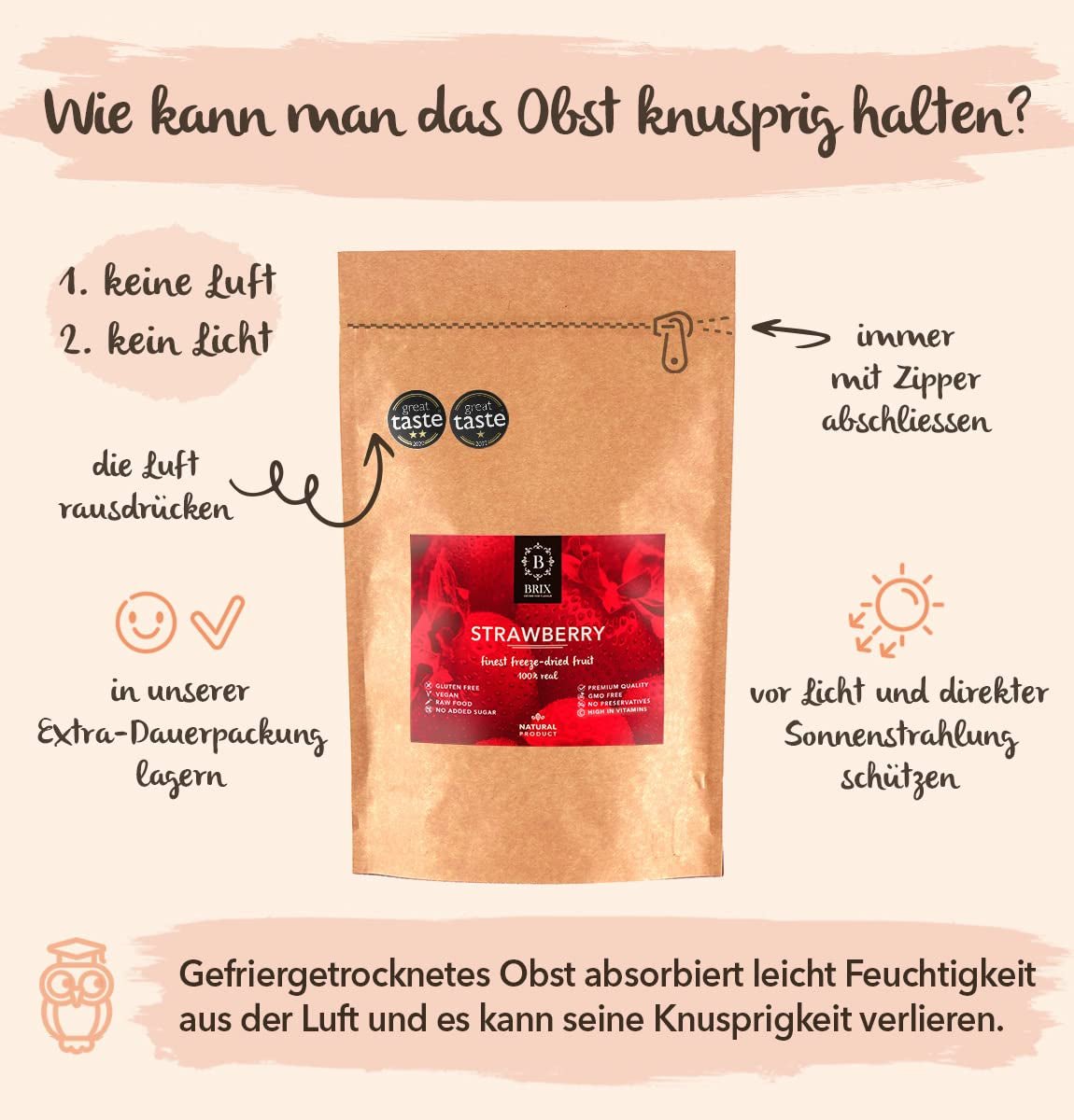 BRIX gevriesdroogde aardbeien | Natuuraardbeien 75 g | Great Taste Award voor gedroogd, gevriesdroogd fruit | Niet-GMO, glutenvrij, veganistisch, achtergehouden vitamines Naty Shop gedehydrateerde producten