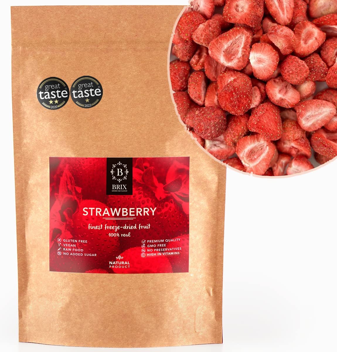 BRIX gevriesdroogde aardbeien | Natuuraardbeien 75 g | Great Taste Award voor gedroogd, gevriesdroogd fruit | Niet-GMO, glutenvrij, veganistisch, achtergehouden vitamines Naty Shop Gedehydrateerde producten Standaardtitel