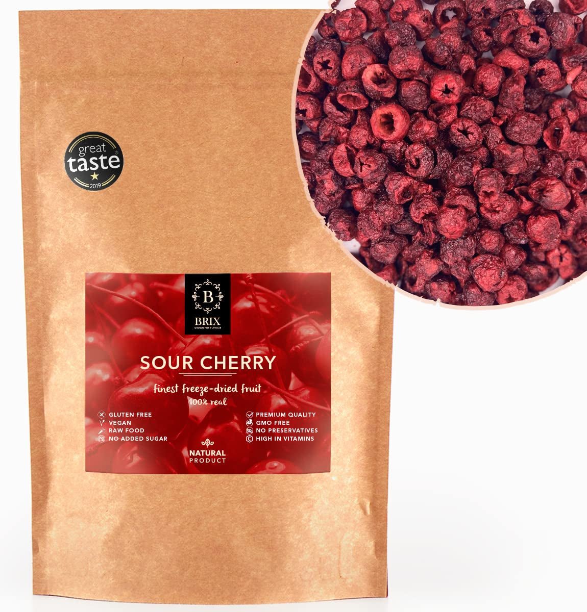 BRIX Gevriesdroogde bittere kersen | Natuurlijke gedroogde kersen 105g | Great Taste Award Gedroogd fruit, gedroogde bittere kersen | Niet-GMO glutenvrije veganistische vitaminen zijn bewaard gebleven Naty Shop gedehydrateerde producten Standaardtitel