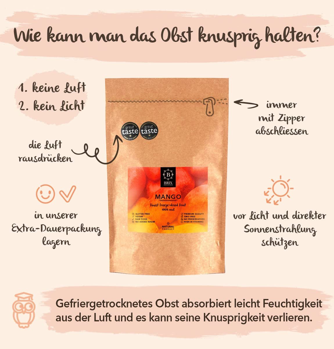 BRIX Gevriesdroogde Mango | Natuurlijke, gedroogde mangoschijfjes 95 g | Great Taste Award gedroogd fruit, gevriesdroogde mango | Niet-GMO, glutenvrij, veganistisch, achtergehouden vitamines Naty Shop gedehydrateerde producten