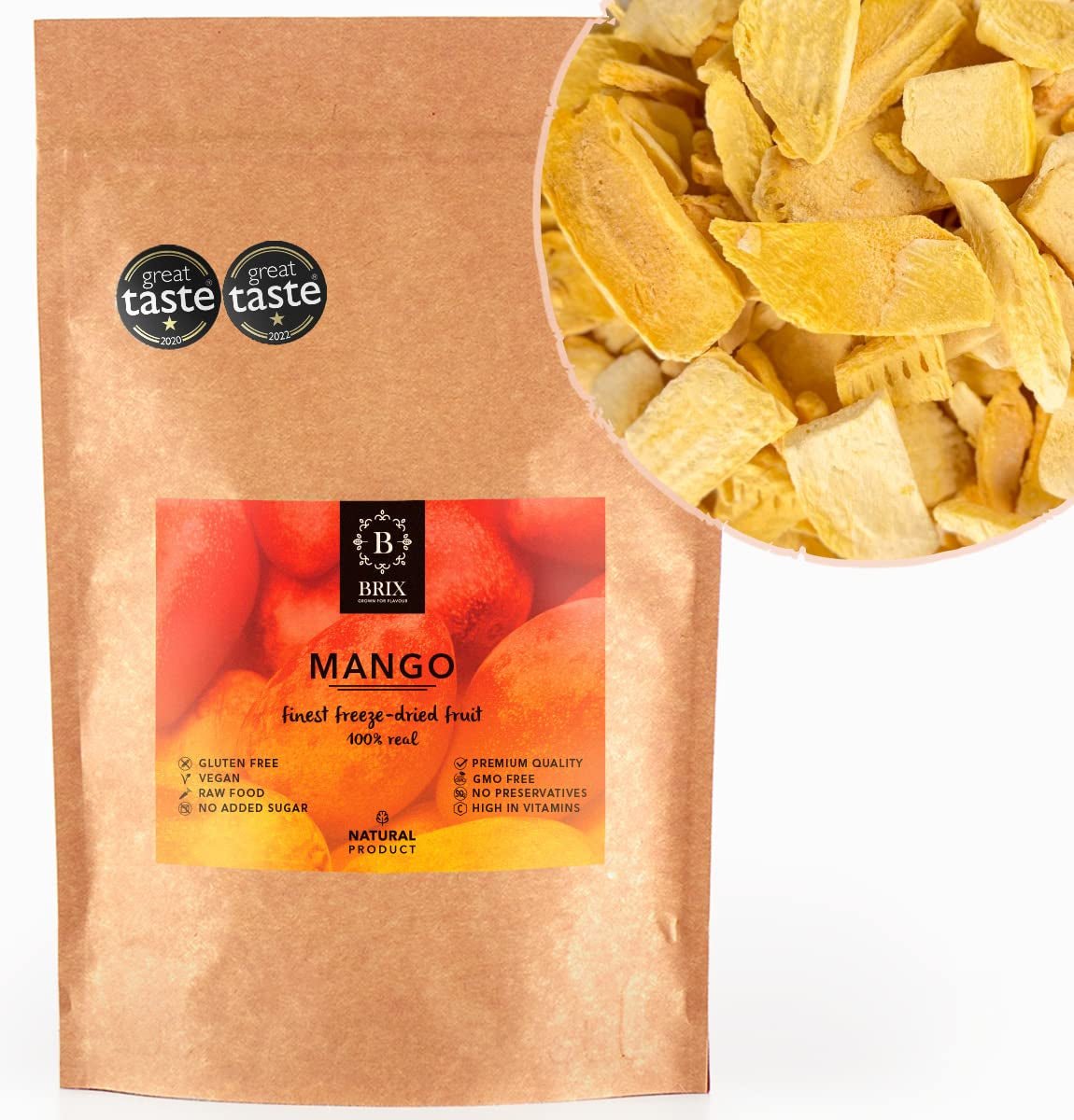 BRIX Gevriesdroogde Mango | Natuurlijke, gedroogde mangoschijfjes 95 g | Great Taste Award gedroogd fruit, gevriesdroogde mango | Niet-GMO, glutenvrij, veganistisch, achtergehouden vitamines Naty Shop Gedehydrateerde producten Standaardtitel
