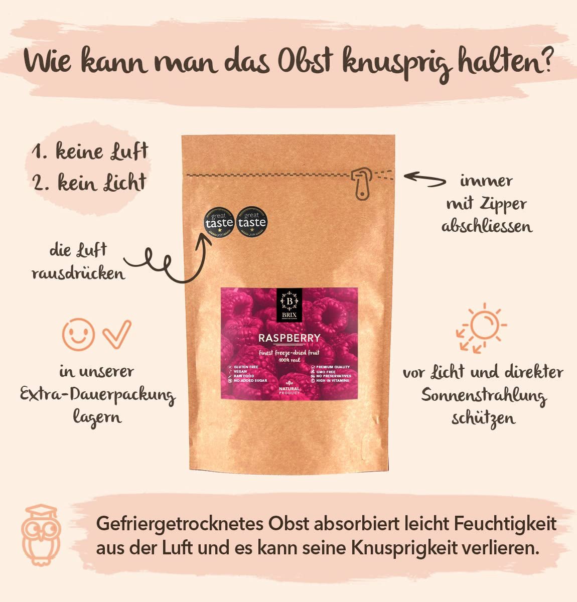 BRIX Gedroogde Frambozen | Natuurlijke framboos, gevriesdroogd 85 g | Great Taste Award voor gedroogd fruit | Niet-GMO, glutenvrij, veganistisch, geconserveerde vitaminen Naty Shop gedehydrateerde producten