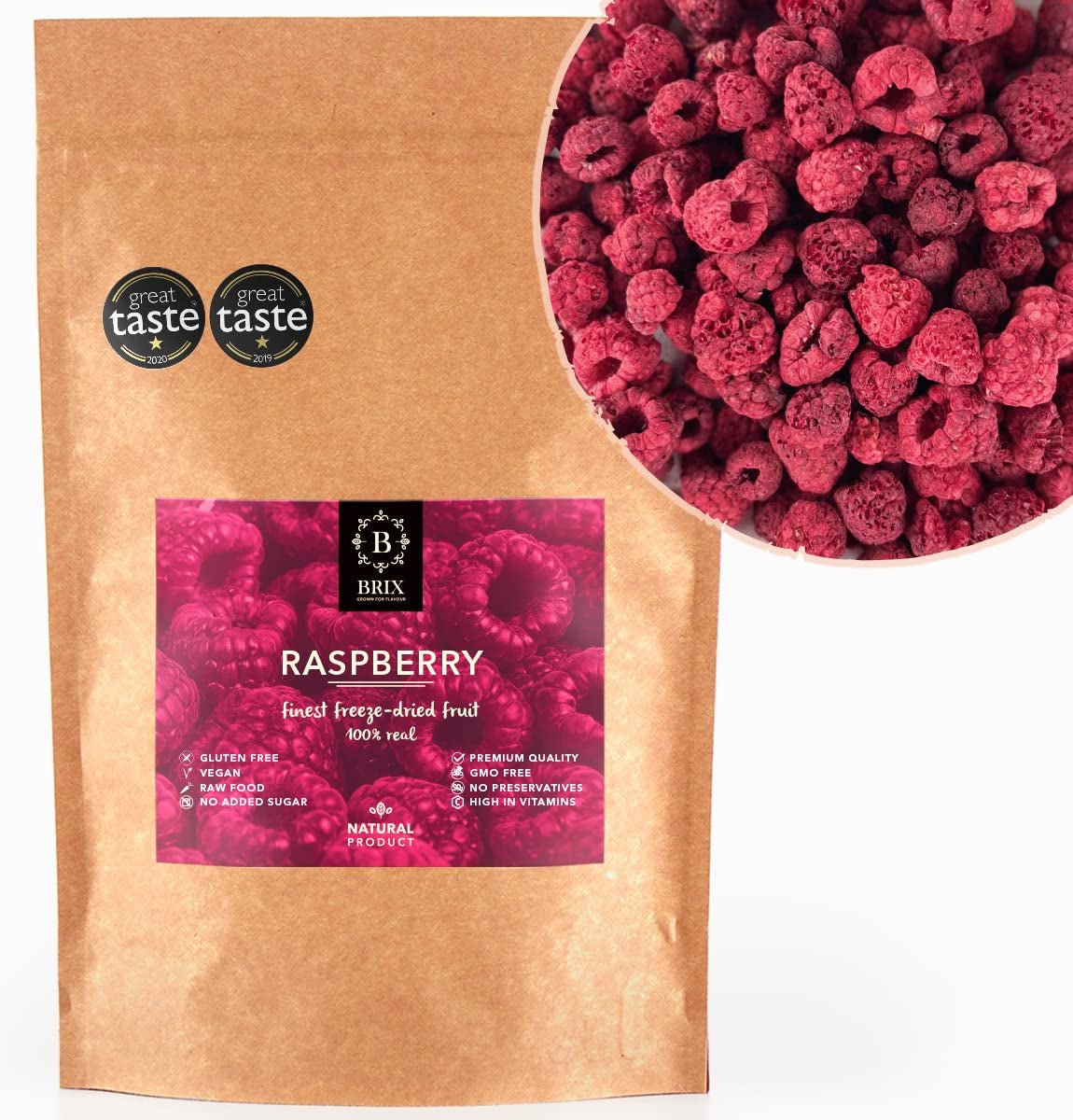 BRIX Gedroogde Frambozen | Natuurlijke framboos, gevriesdroogd 85 g | Great Taste Award voor gedroogd fruit | Niet-GMO, glutenvrij, veganistisch, geconserveerde vitaminen Naty Shop Gedehydrateerde producten Standaardtitel