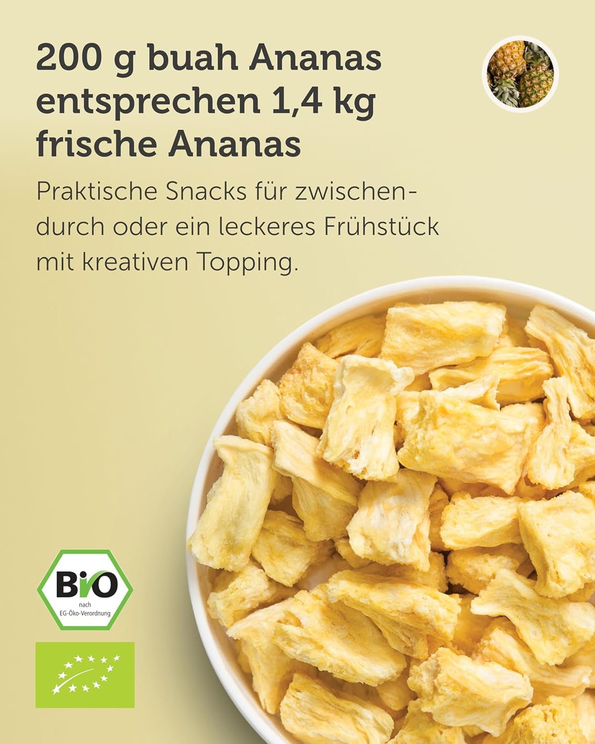 BUAH® Gevriesdroogde ananas | Ananaschips als tussendoortje of voor muesli en desserts | Ideale vervanger voor snoep | Veganistisch en zonder toegevoegde suiker | 100% gevriesdroogd fruit | 200 g Naty Shop gedehydrateerde producten