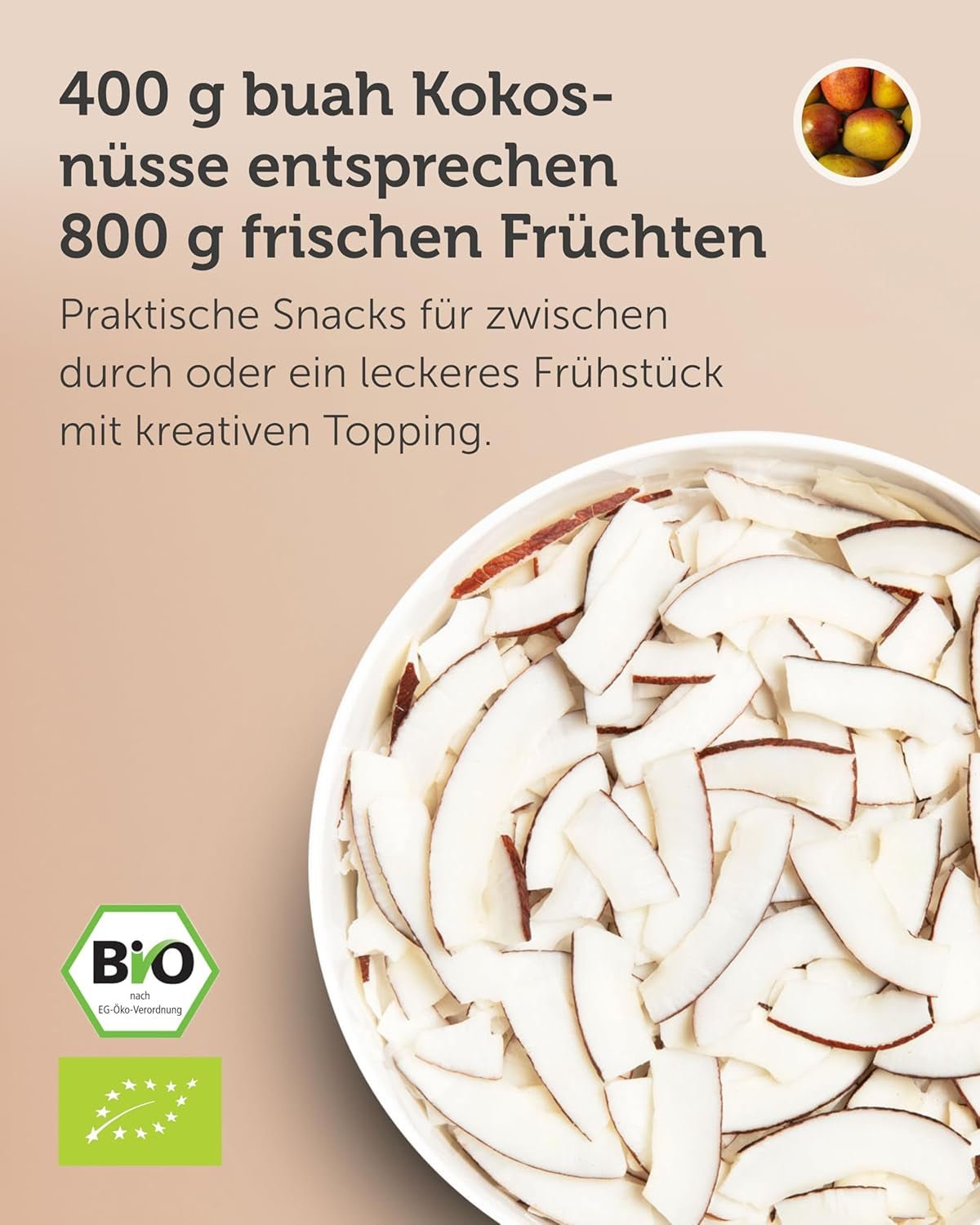 BUAH® Gedroogde Kokoschips | Biologische Kokoschips, Snack, Muesli & Bakkokoschips | Ideale vervanger voor snoep | Veganistisch en zonder toegevoegde suiker | 400 g Naty Shop gedehydrateerde producten