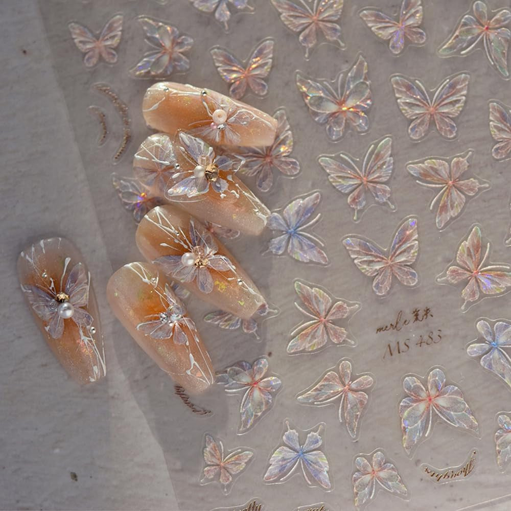 Glanzende Aurora Shell Schmetterling Nagelsticker Selbstklebend,Erleichterung Schmetterlinge Nail Sticker Rosa Laser Schmetterling Nagelaufkleber Für Frauen Nageldesign Zubehör Nagel Zubehör Nail Art